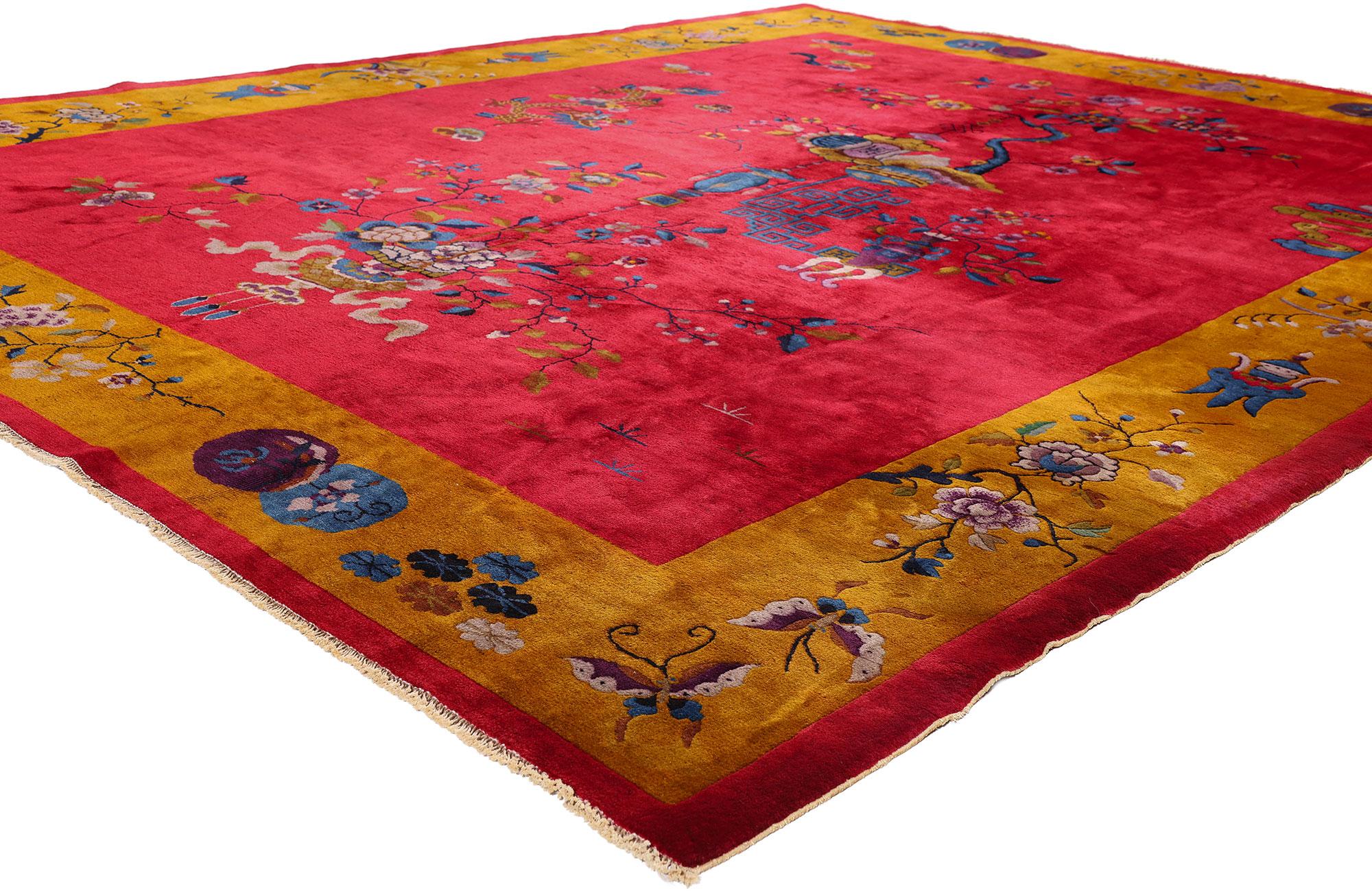 79219 Antique Red Chinese Art Deco Rug, 08'11 x 11'01. A masterpiece of opulent heritage and artisanal excellence, this hand-knotted wool antique Chinese Art Deco rug stands as a testament to timeless craftsmanship and luxury redefined. Radiating