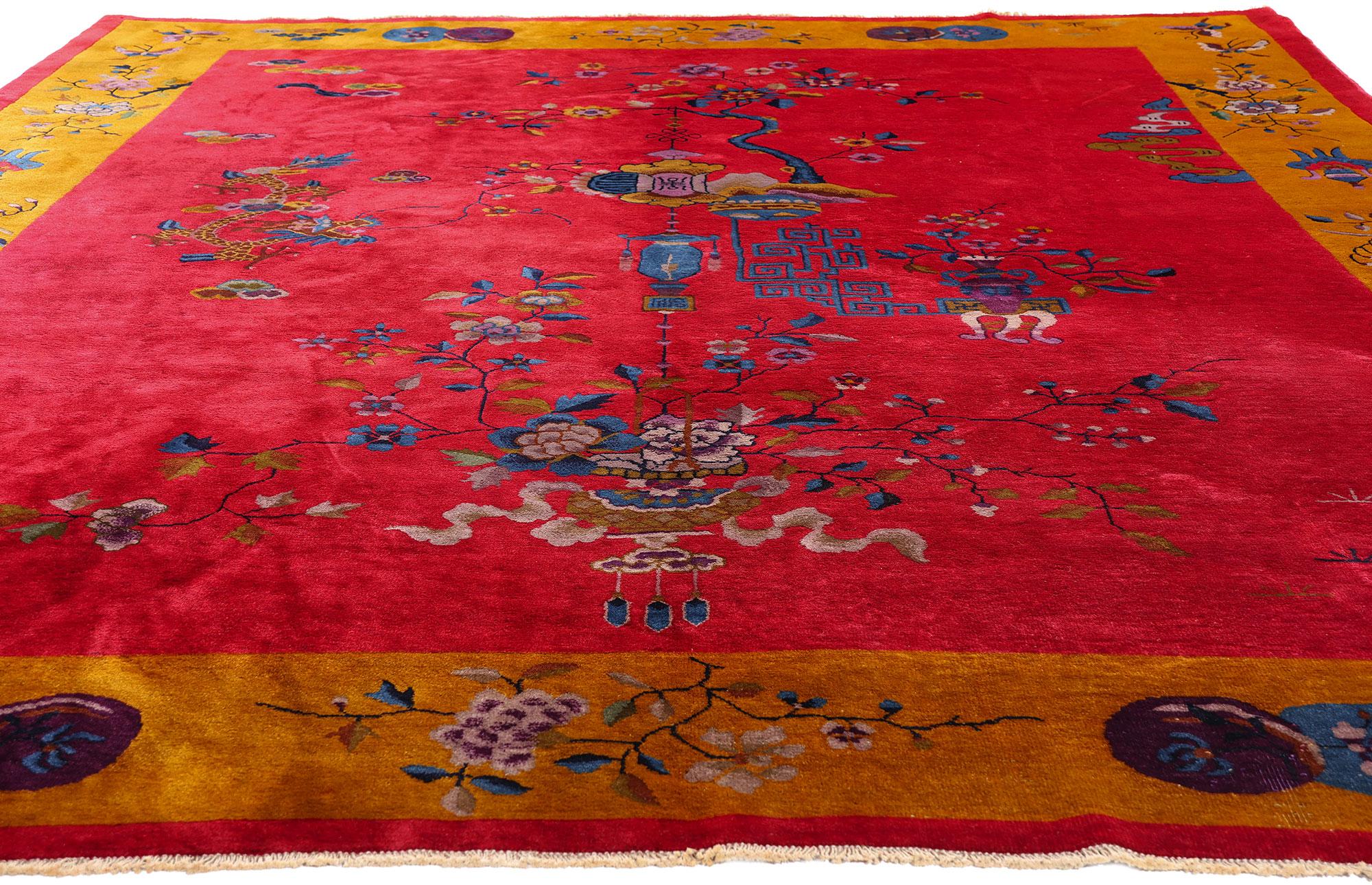 Hand-Knotted Antique Red Chinese Art Deco Rug For Sale