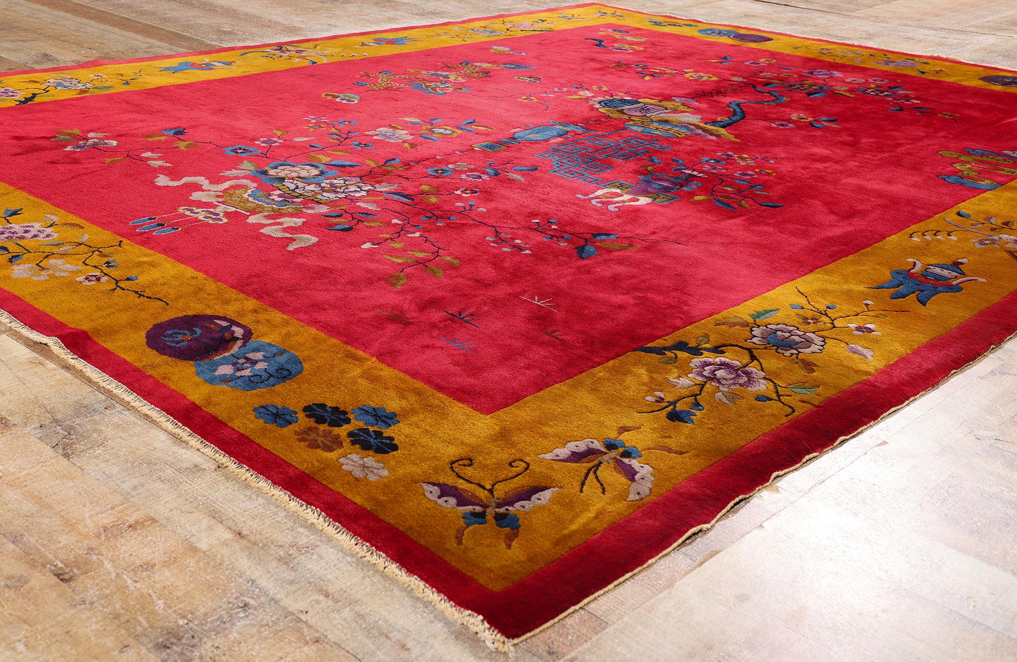 Antique Red Chinese Art Deco Rug For Sale 2