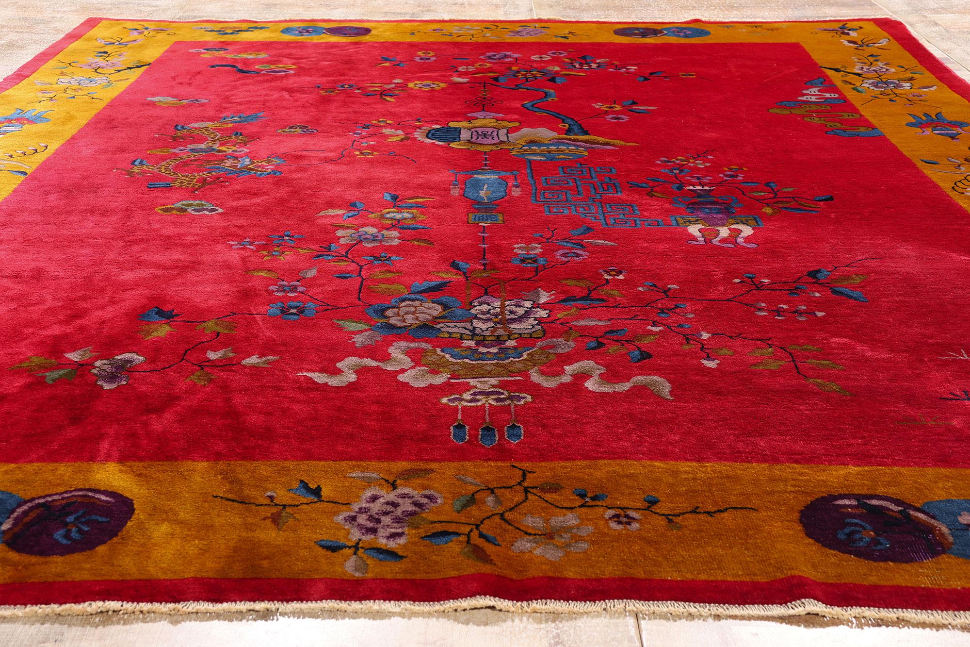 Antique Red Chinese Art Deco Rug For Sale 3