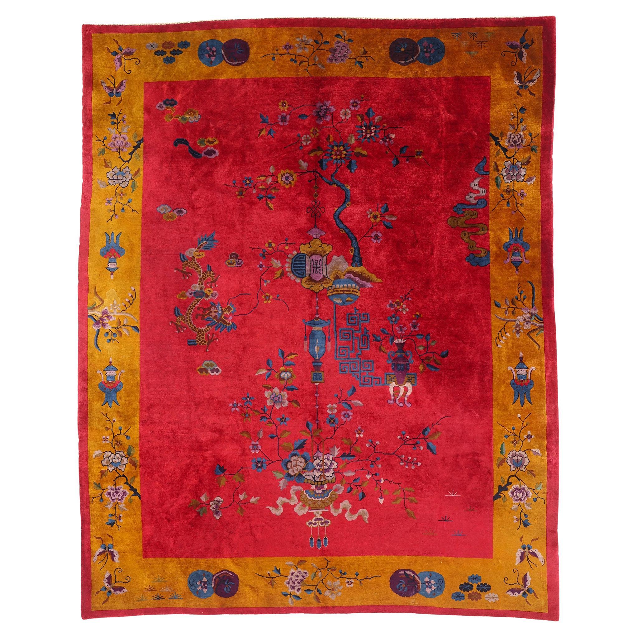 Antique Red Chinese Art Deco Rug For Sale