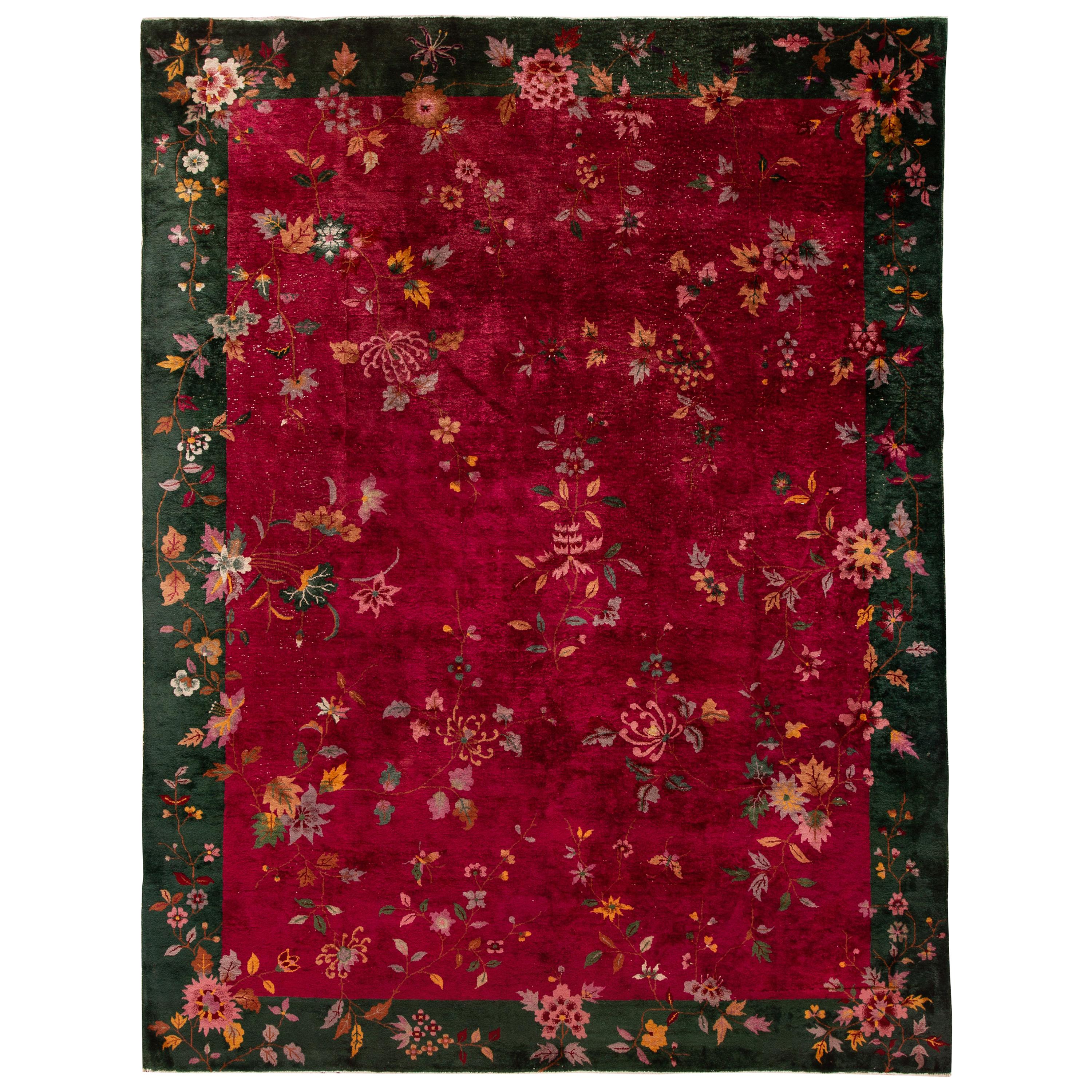 Antique Red Chinese Art Deco Wool Rug