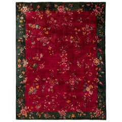 Antique Red Chinese Art Deco Wool Rug