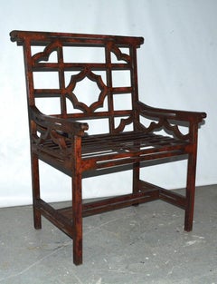 Antique Red Chinese Chippendale Style Iron Garden/Patio Chair