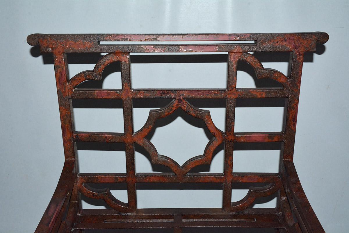 British Antique Red Chinese Chippendale Style Iron Garden/Patio Chair For Sale