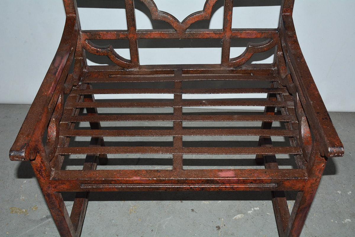 Hand-Crafted Antique Red Chinese Chippendale Style Iron Garden/Patio Chair For Sale