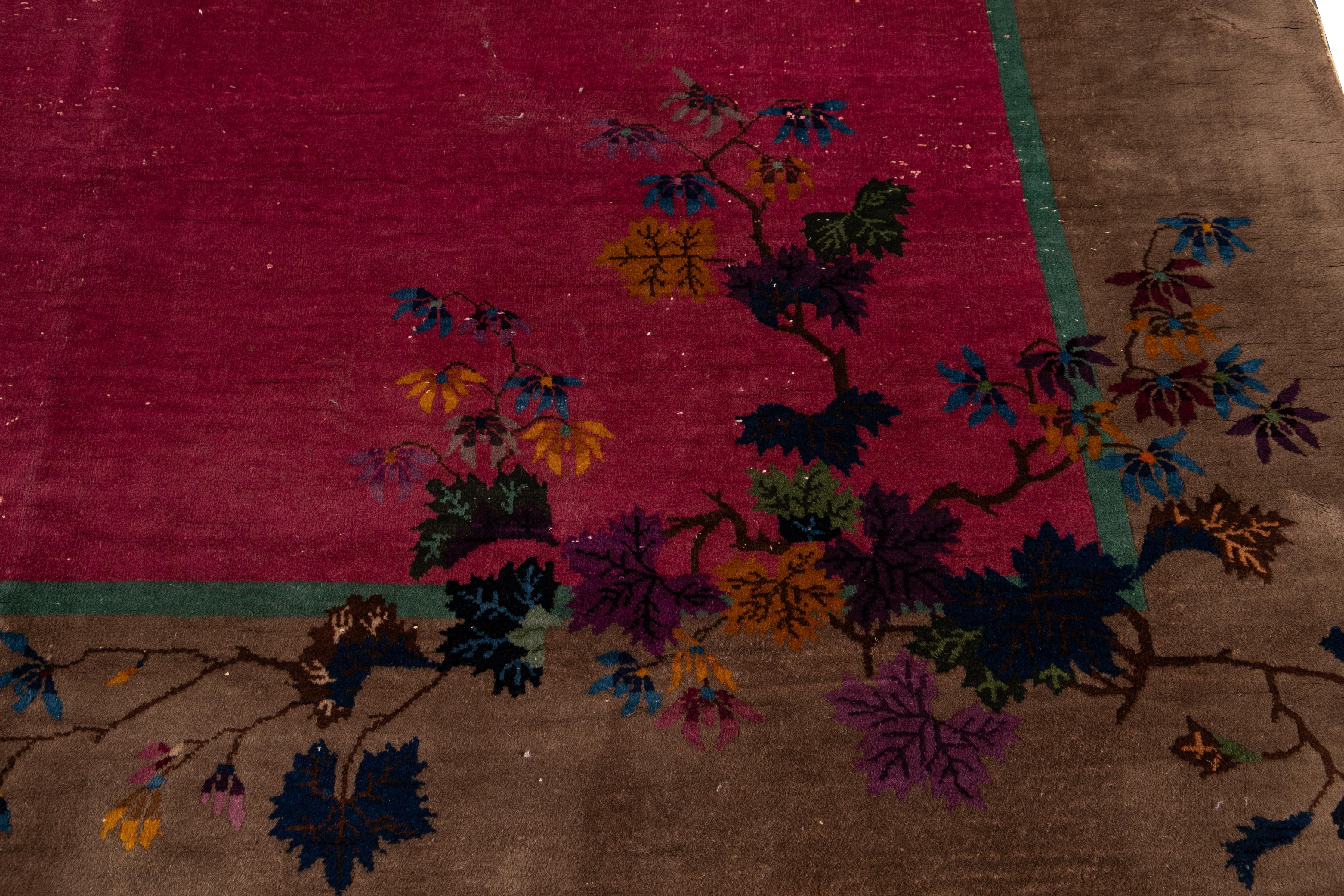 Hand-Knotted Antique Red Chinese Handmade Wool Rug For Sale
