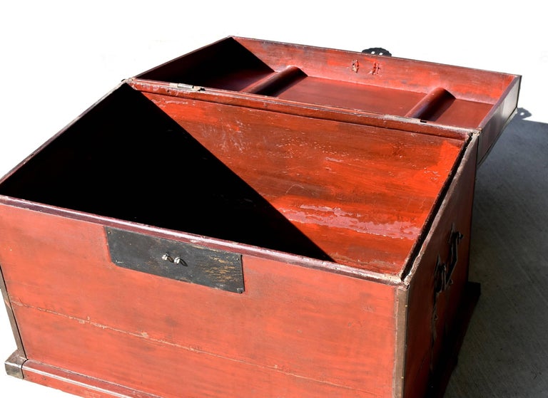 Antique Red Chinese Trunk, Blanket Chest with Original Hardware at 1stDibs