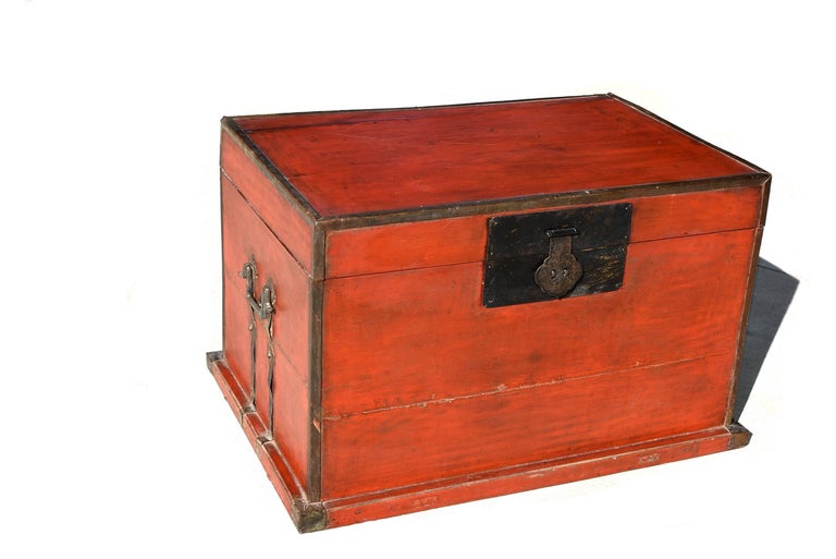 Antique Red Chinese Trunk, Blanket Chest with Original Hardware at 1stDibs