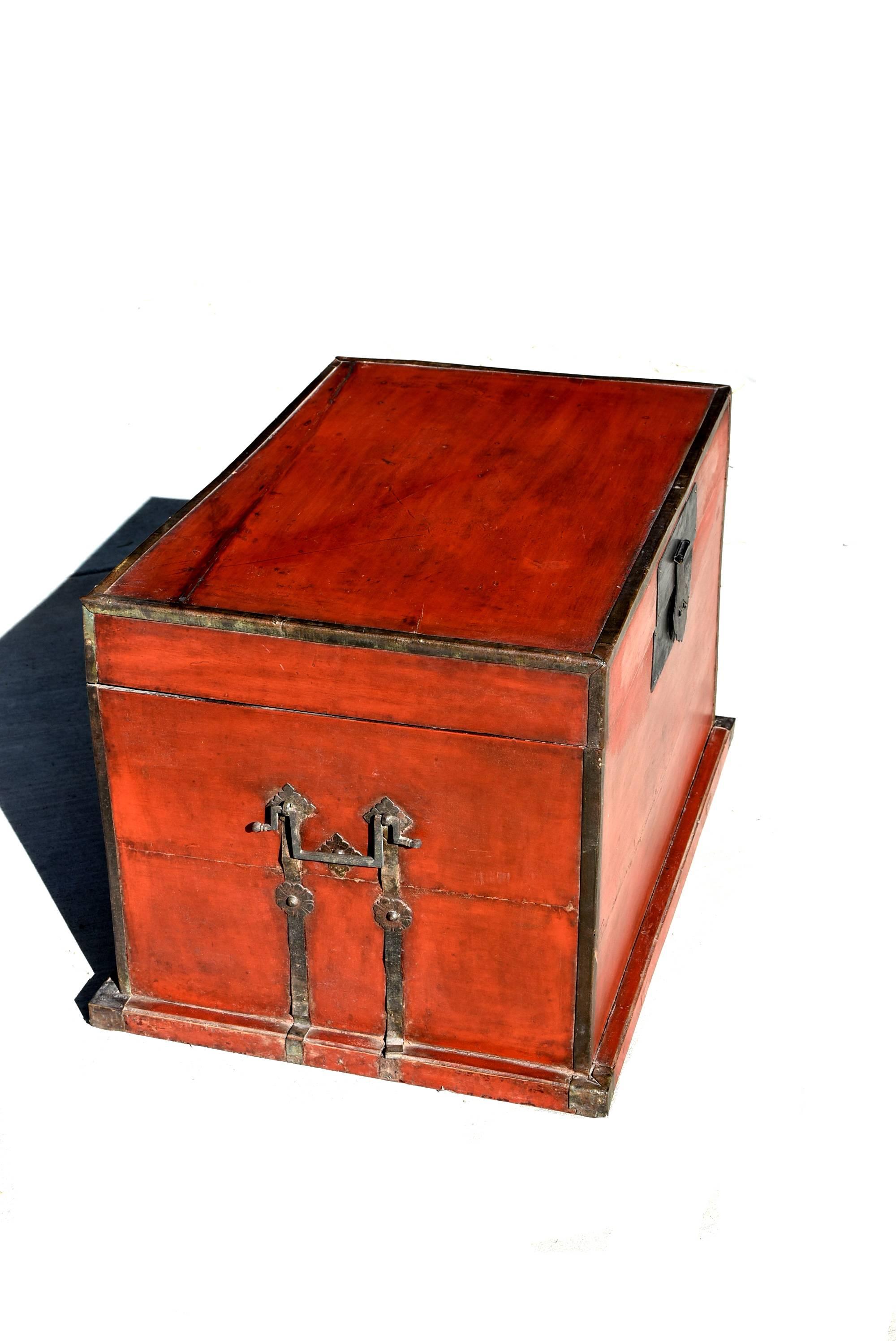 Hand-Crafted Antique Red Chinese Trunk, Blanket Chest with Original Hardware
