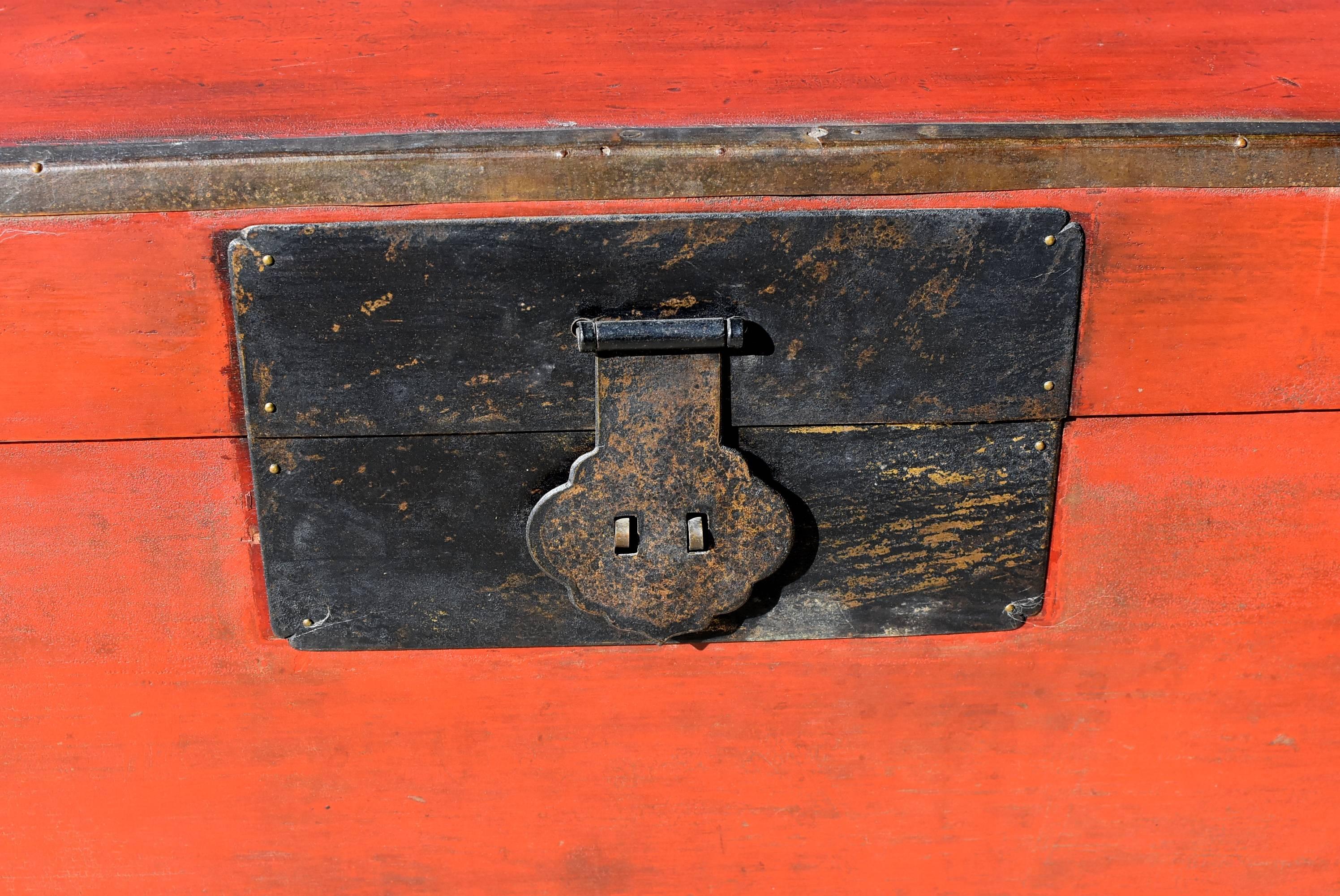19th Century Antique Red Chinese Trunk, Blanket Chest with Original Hardware