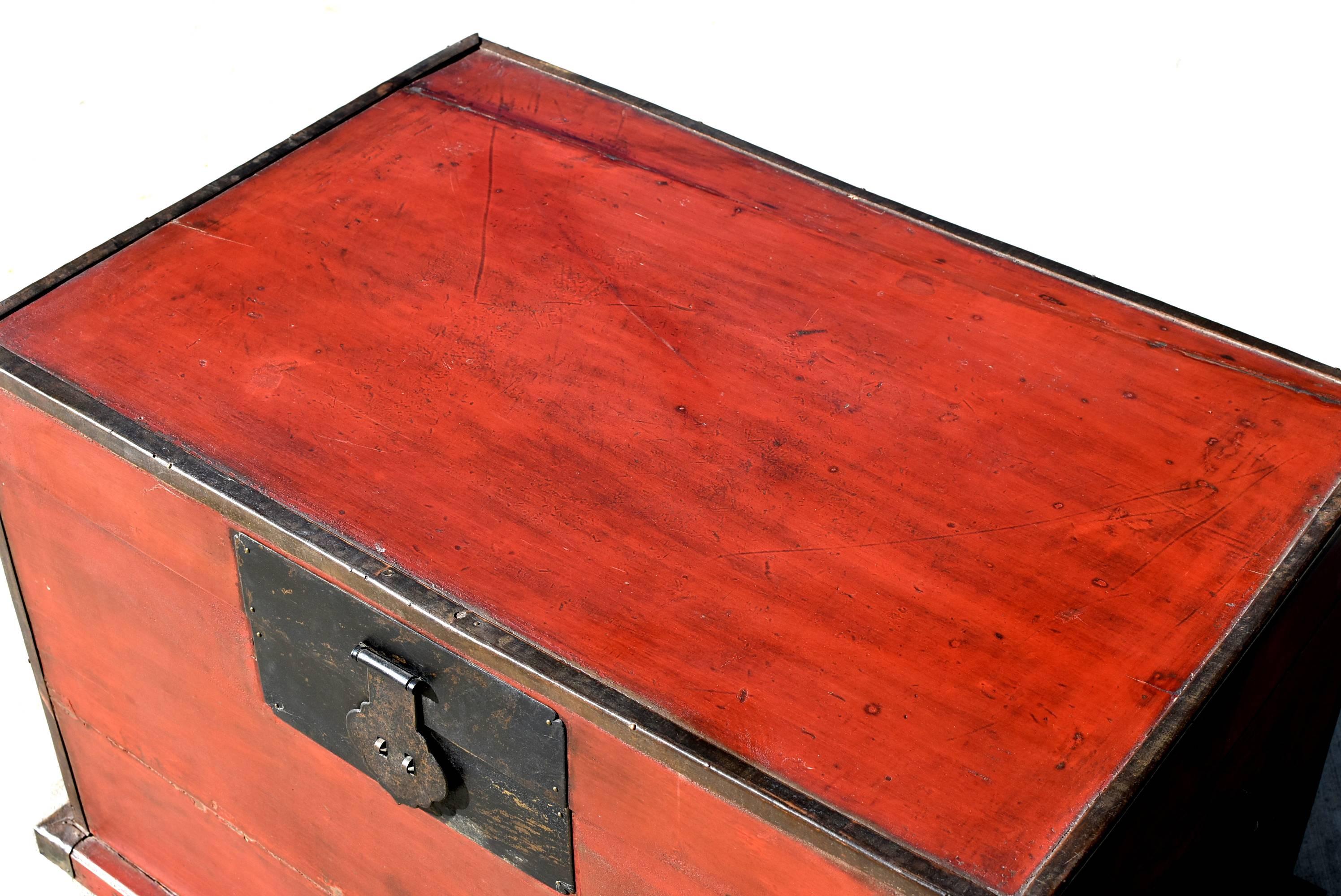 Bronze Antique Red Chinese Trunk, Blanket Chest with Original Hardware