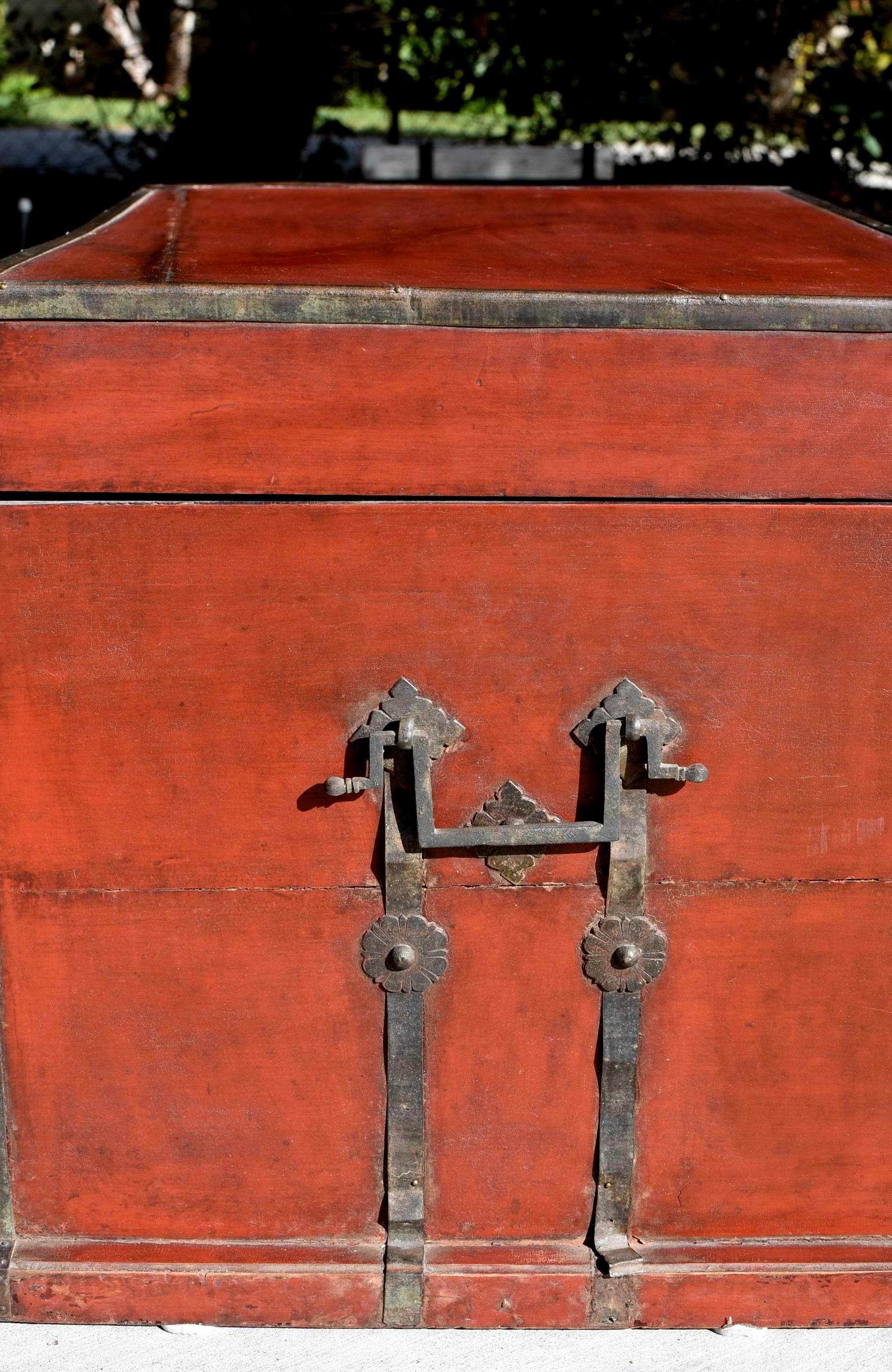 Antique Red Chinese Trunk, Blanket Chest with Original Hardware 1