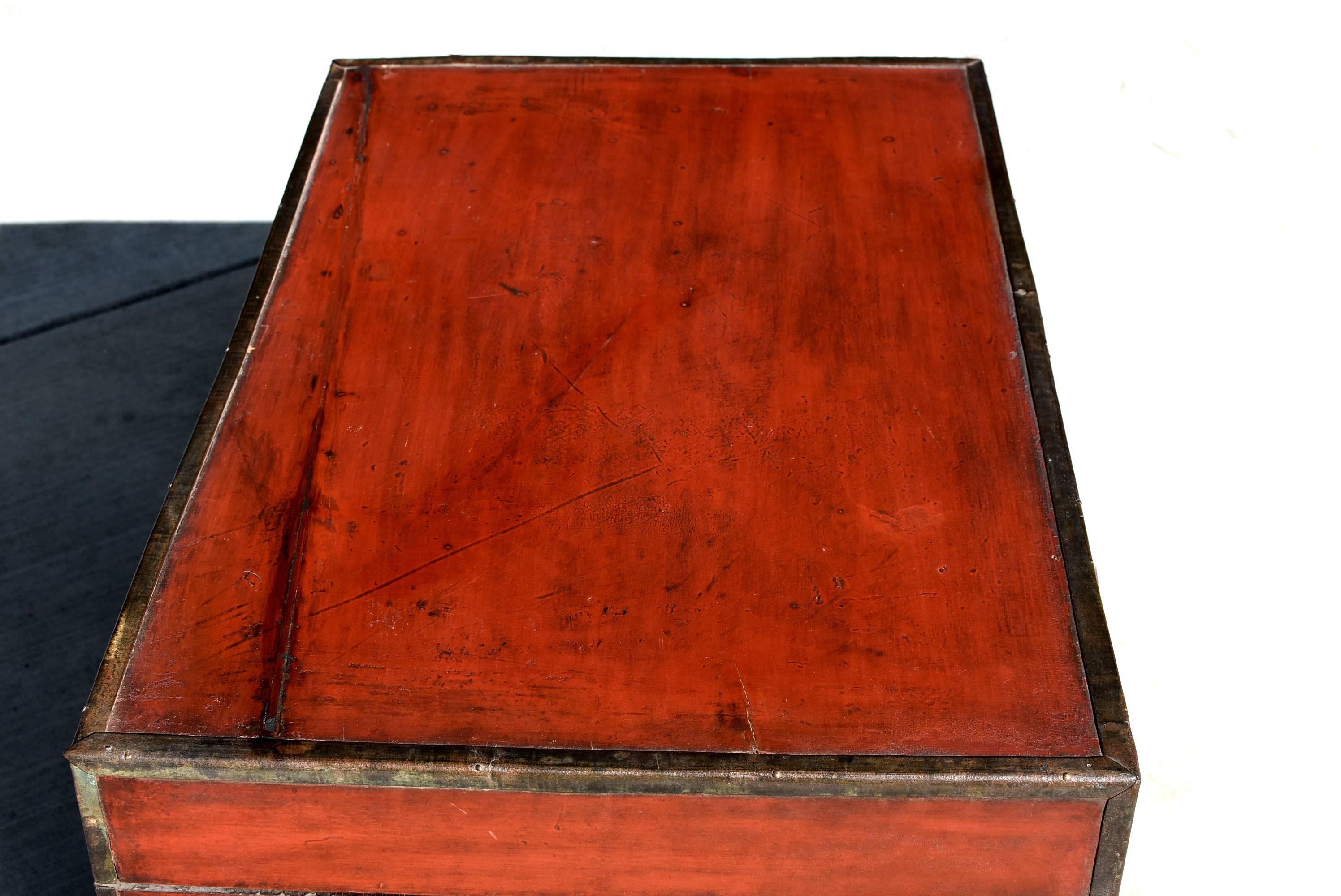 Antique Red Chinese Trunk, Blanket Chest with Original Hardware 2
