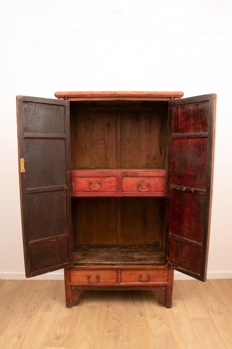 19th Century Antique Red Chinese Wedding Cabinet For Sale