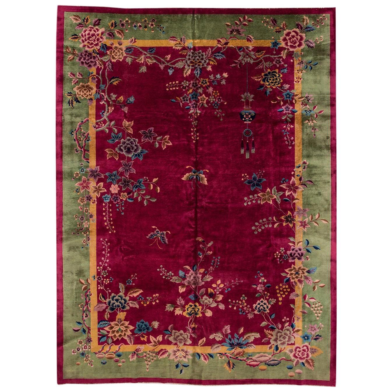 Antique Red Chinese Wool Rug For Sale