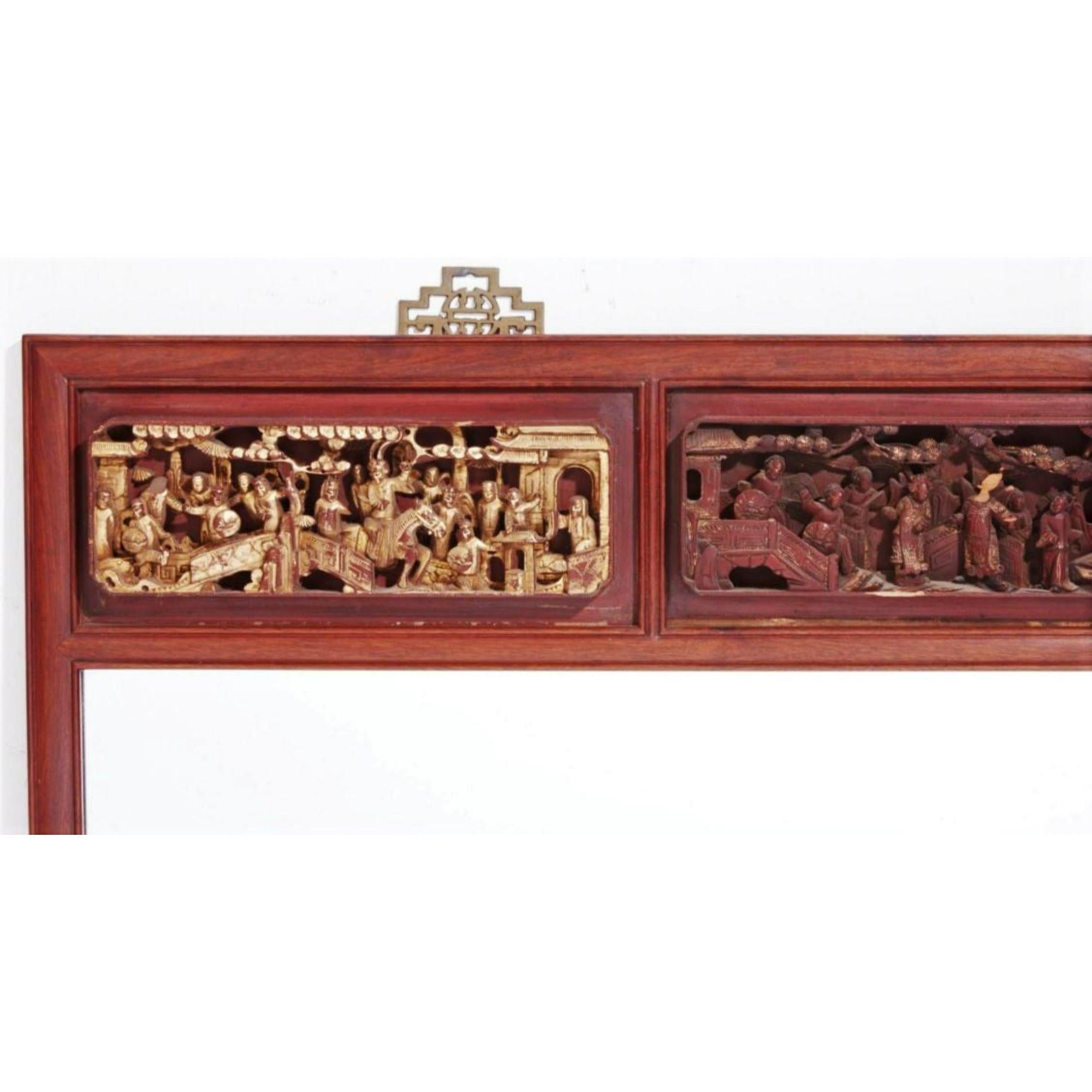 20th Century Antique Red Chinoiserie Chinese Giltwood Temple Carving Mirror