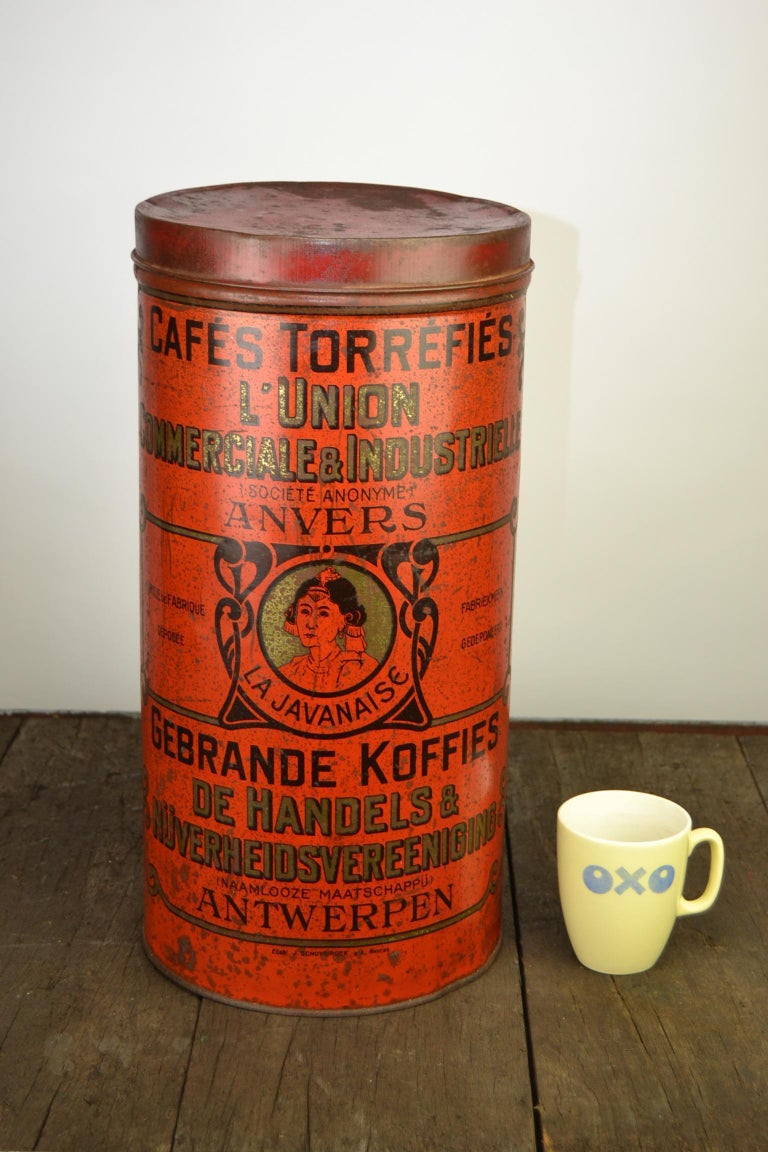 Antique Red Coffee Tin from Antwerp, Belgium For Sale at 1stdibs