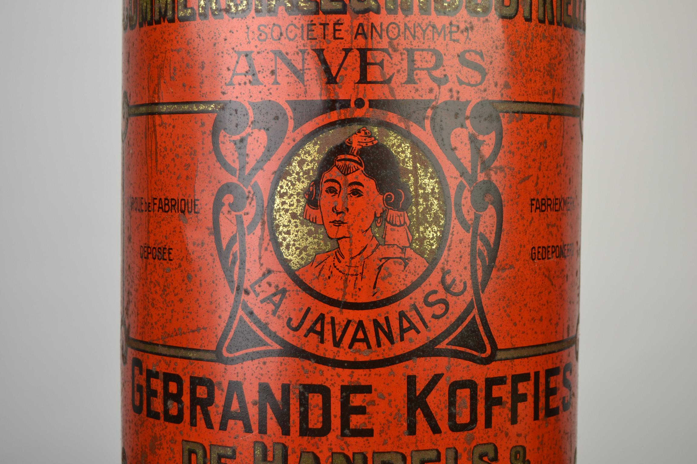 Art Nouveau Antique Red Coffee Tin, Antwerp, Belgium For Sale