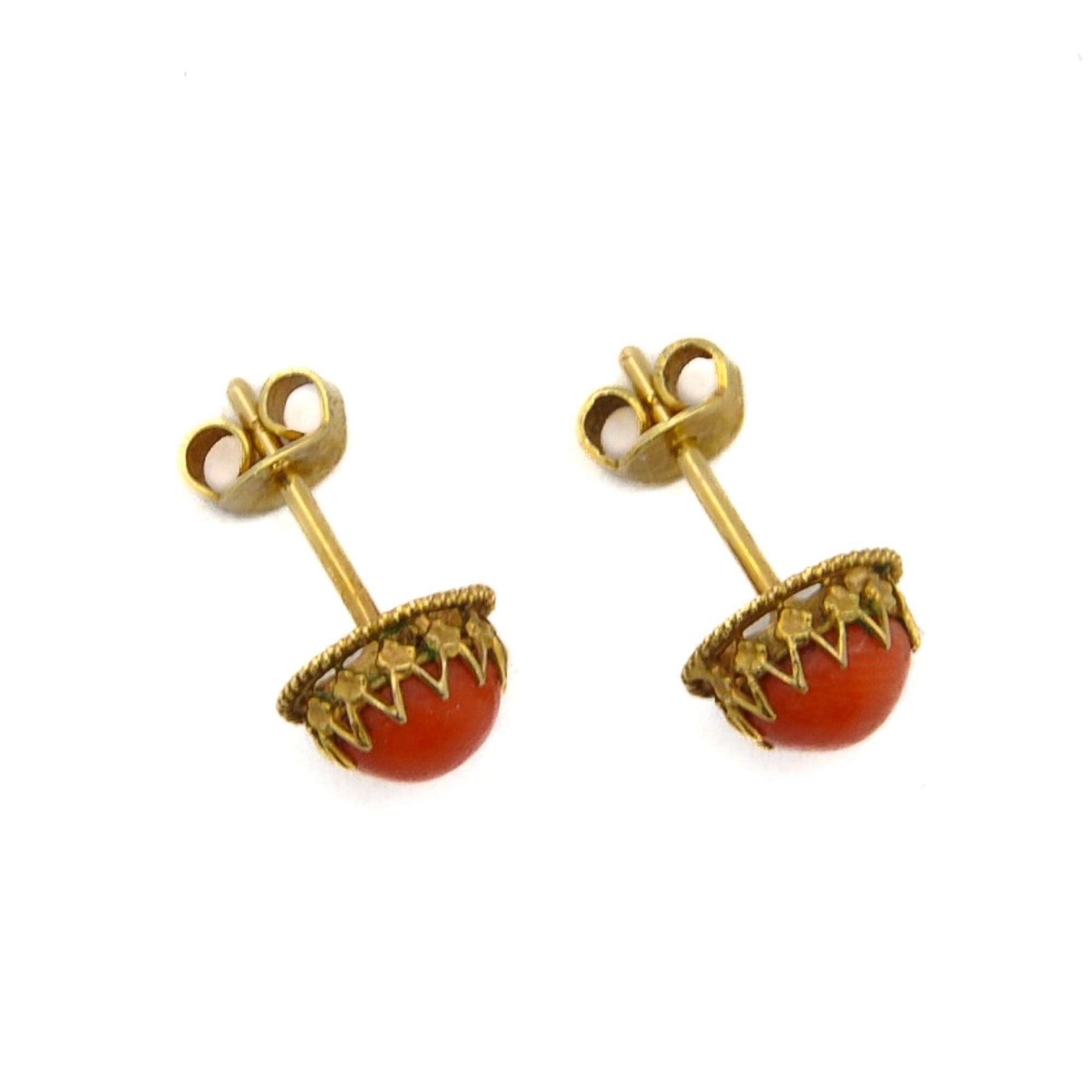 Cabochon Antique Natural Coral and 14K Gold Stud Earrings For Sale