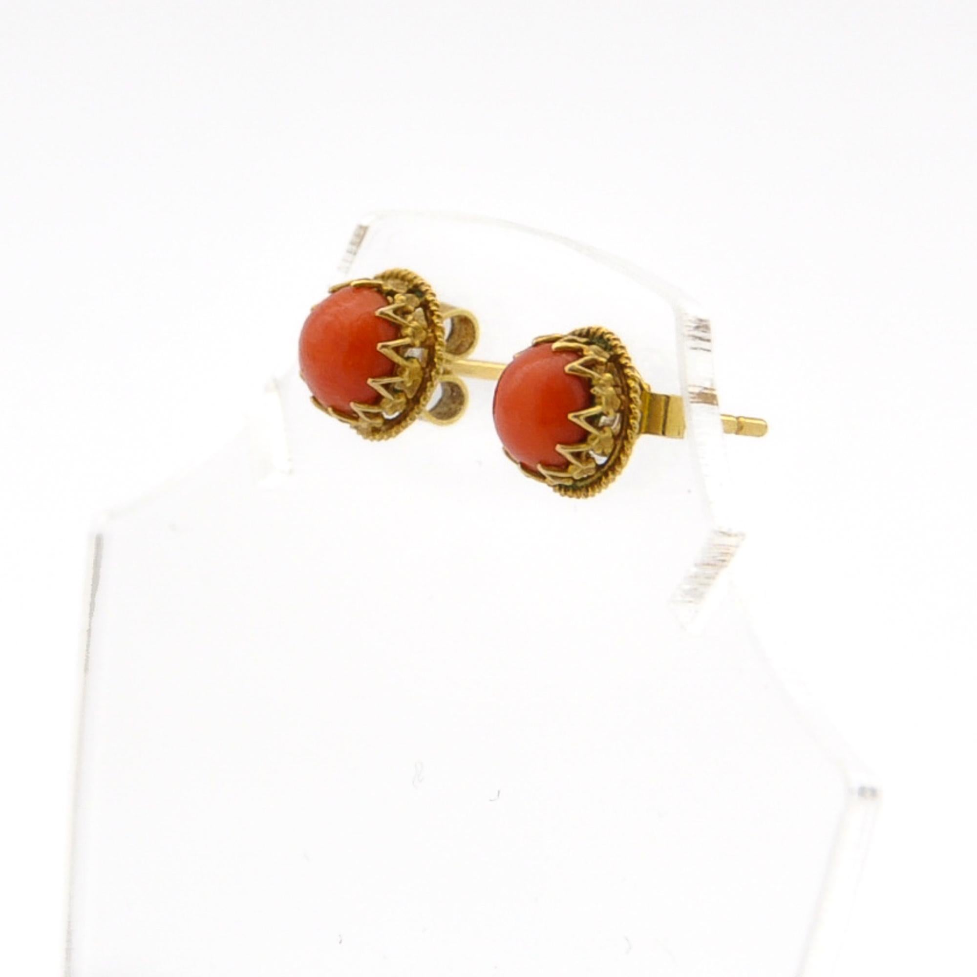 Women's or Men's Antique Natural Coral and 14K Gold Stud Earrings For Sale