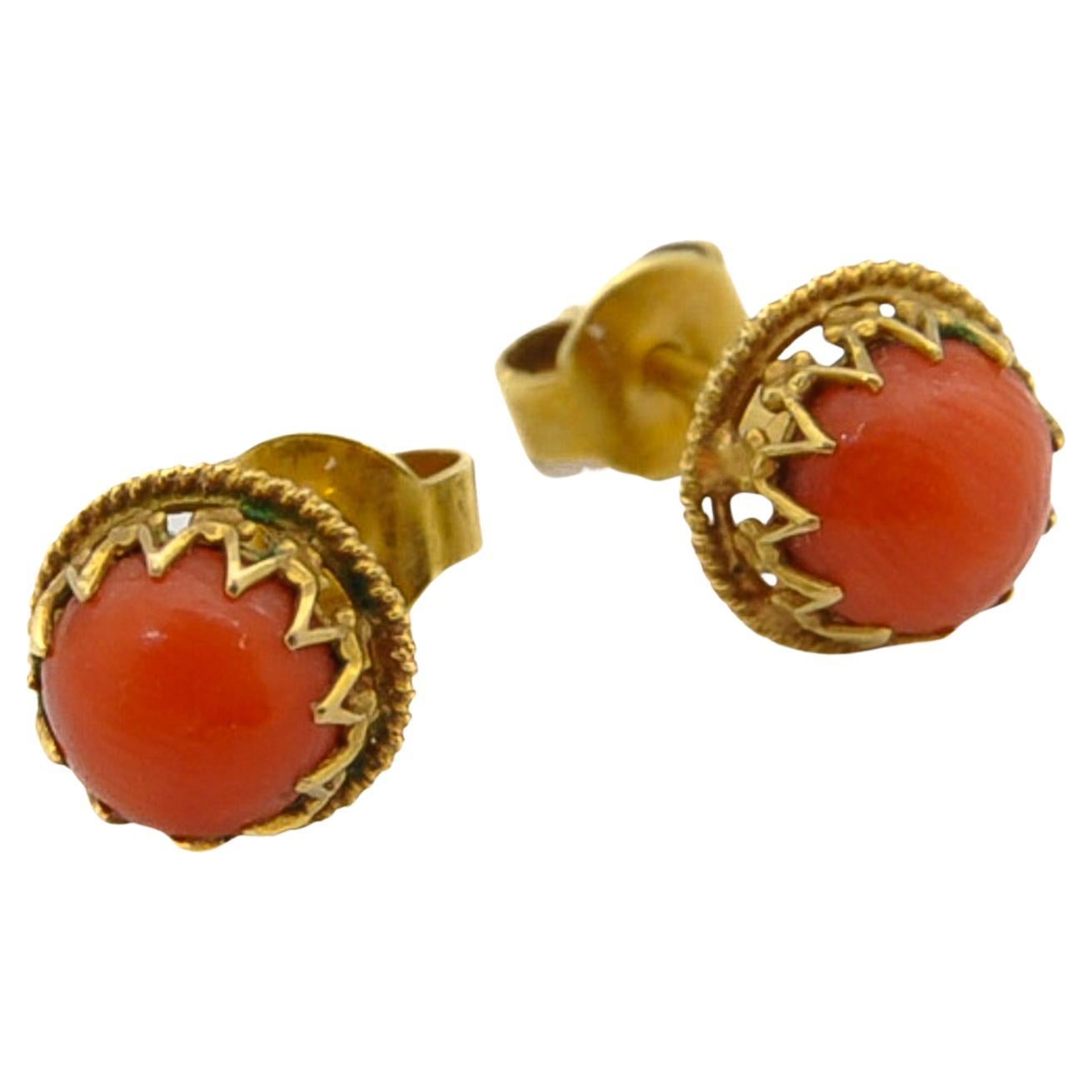 Antique Natural Coral and 14K Gold Stud Earrings For Sale