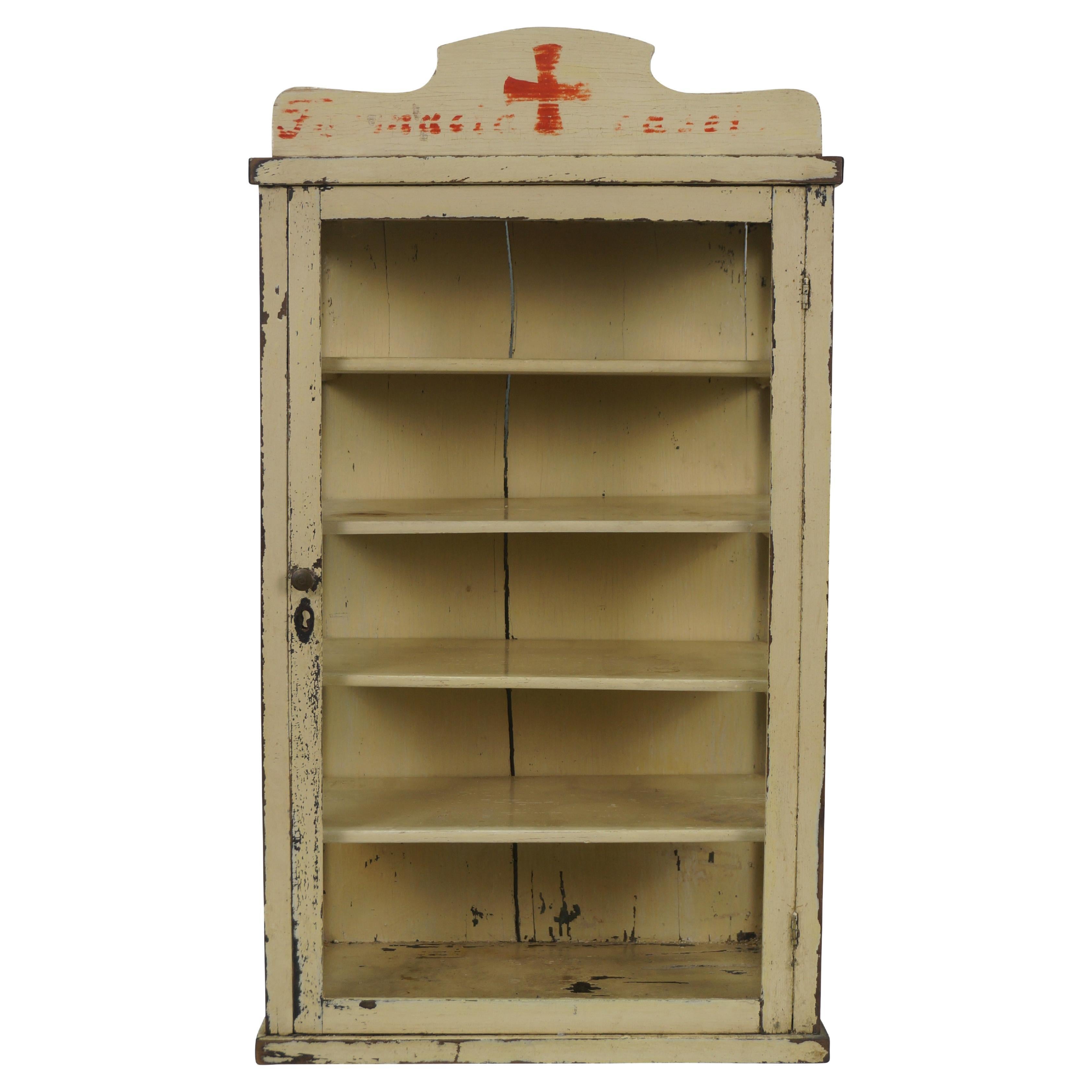 Antique Red Cross First Aid Wall Hanging Medicine Apothecary Curio Cabinet 26" For Sale