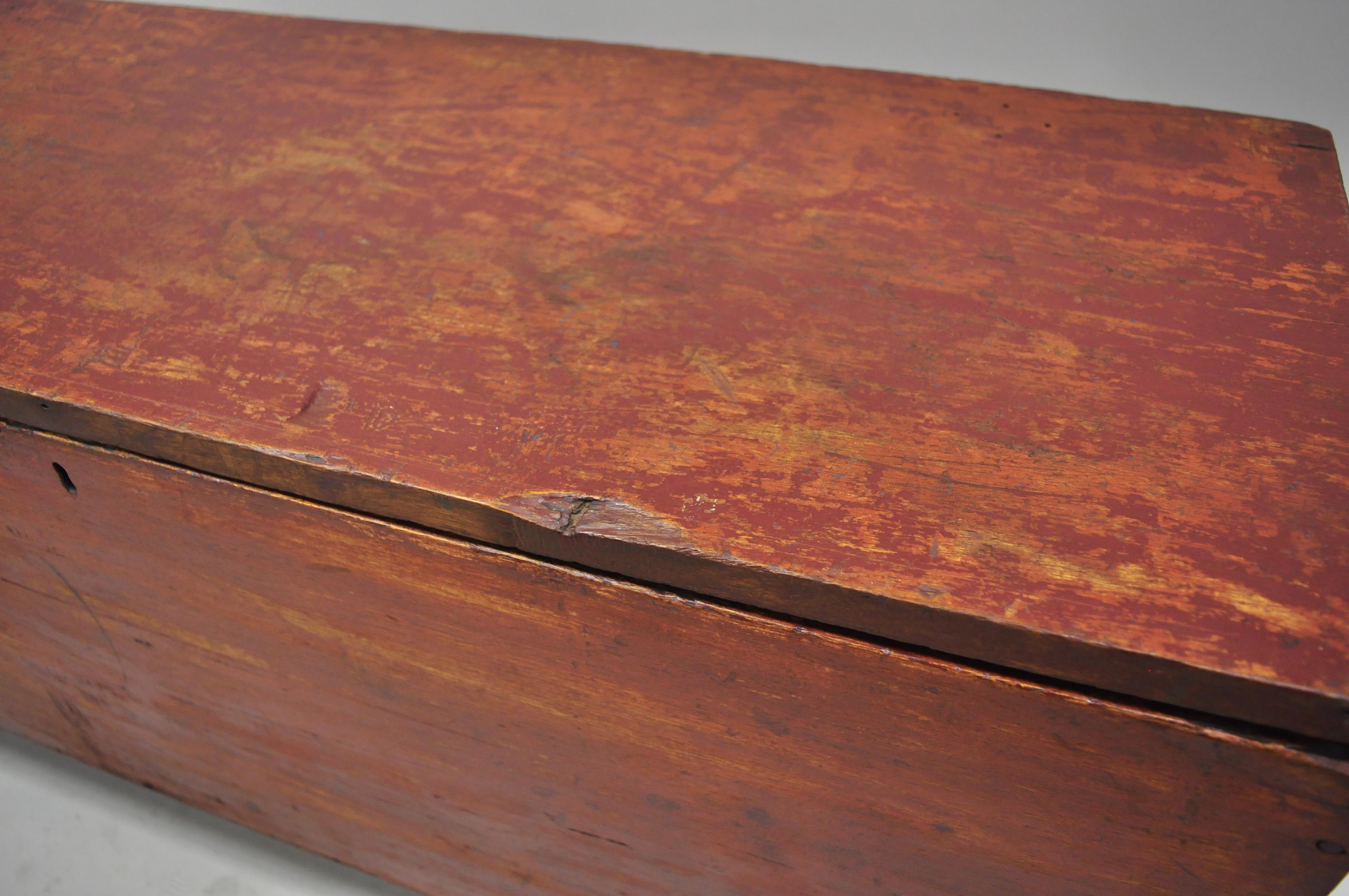 19th Century Antique Red Distress Painted American Primitive Small Rustic Blanket Chest Trunk