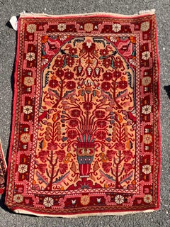 Antique Red Embroidered Sarouk Small Mini Persian Rug c. 1920s