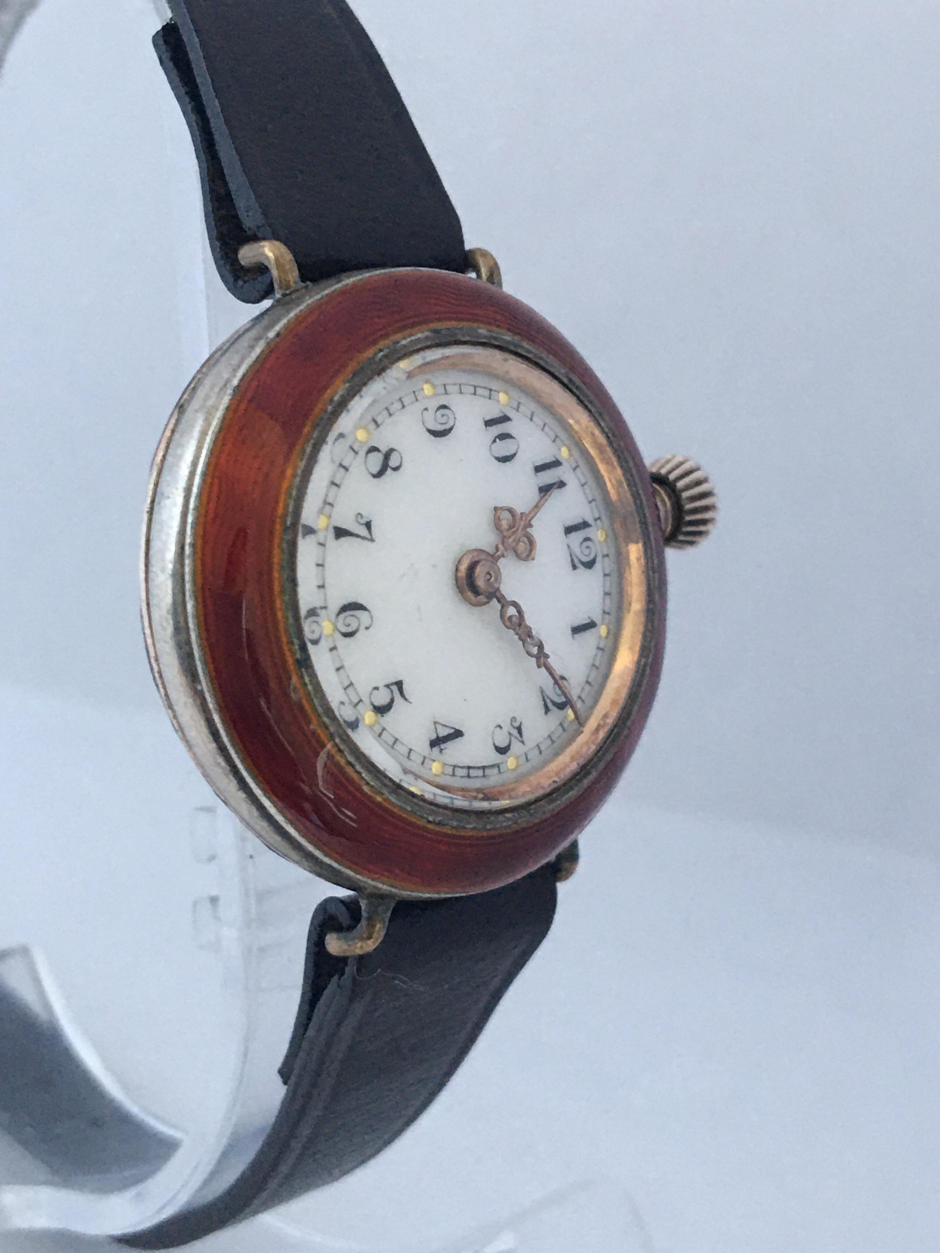 Antique Red Enamel and Silver Ladies Trench Watch For Sale 4
