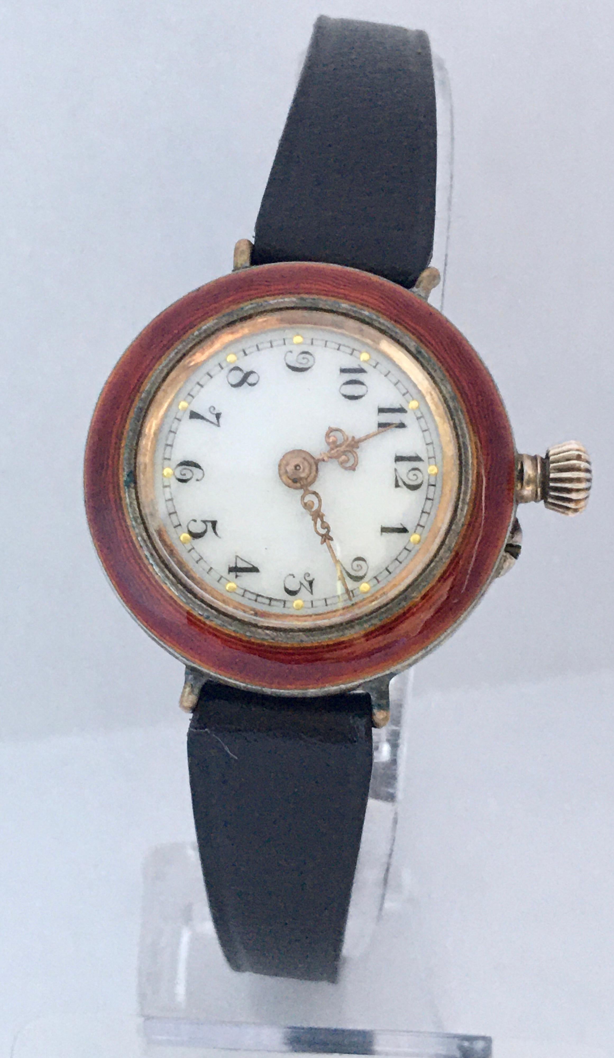Antique Red Enamel and Silver Ladies Trench Watch For Sale 5