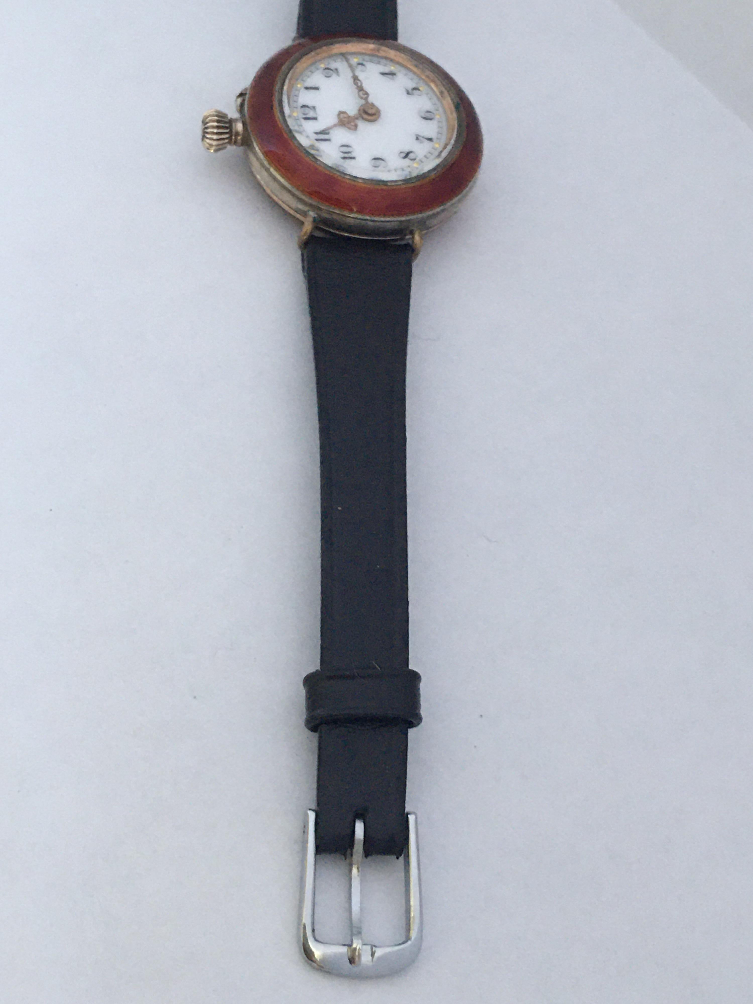 Antique Red Enamel and Silver Ladies Trench Watch For Sale 1