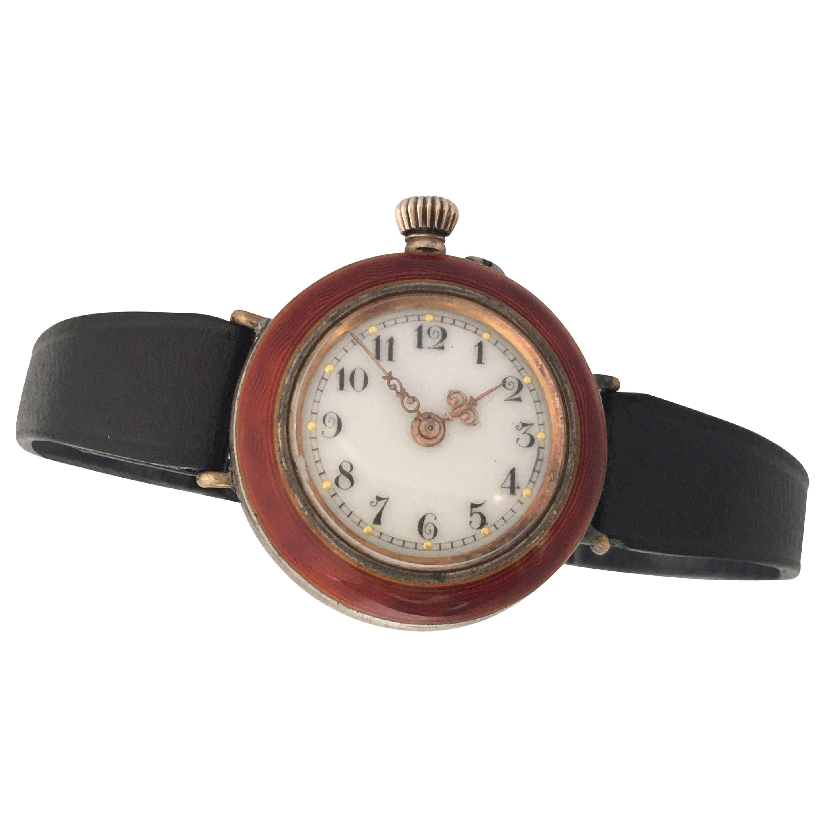 Antique Red Enamel and Silver Ladies Trench Watch For Sale