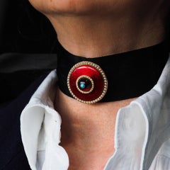 Antique Red Enamel Guilloche Brooch/Pendant Garnet, Pearls 14K Gold c.1870