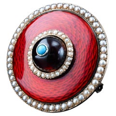 Antike rote Emaille Guilloche Brosche/Anhänger Granat, Perlen 14K Gold um 1870