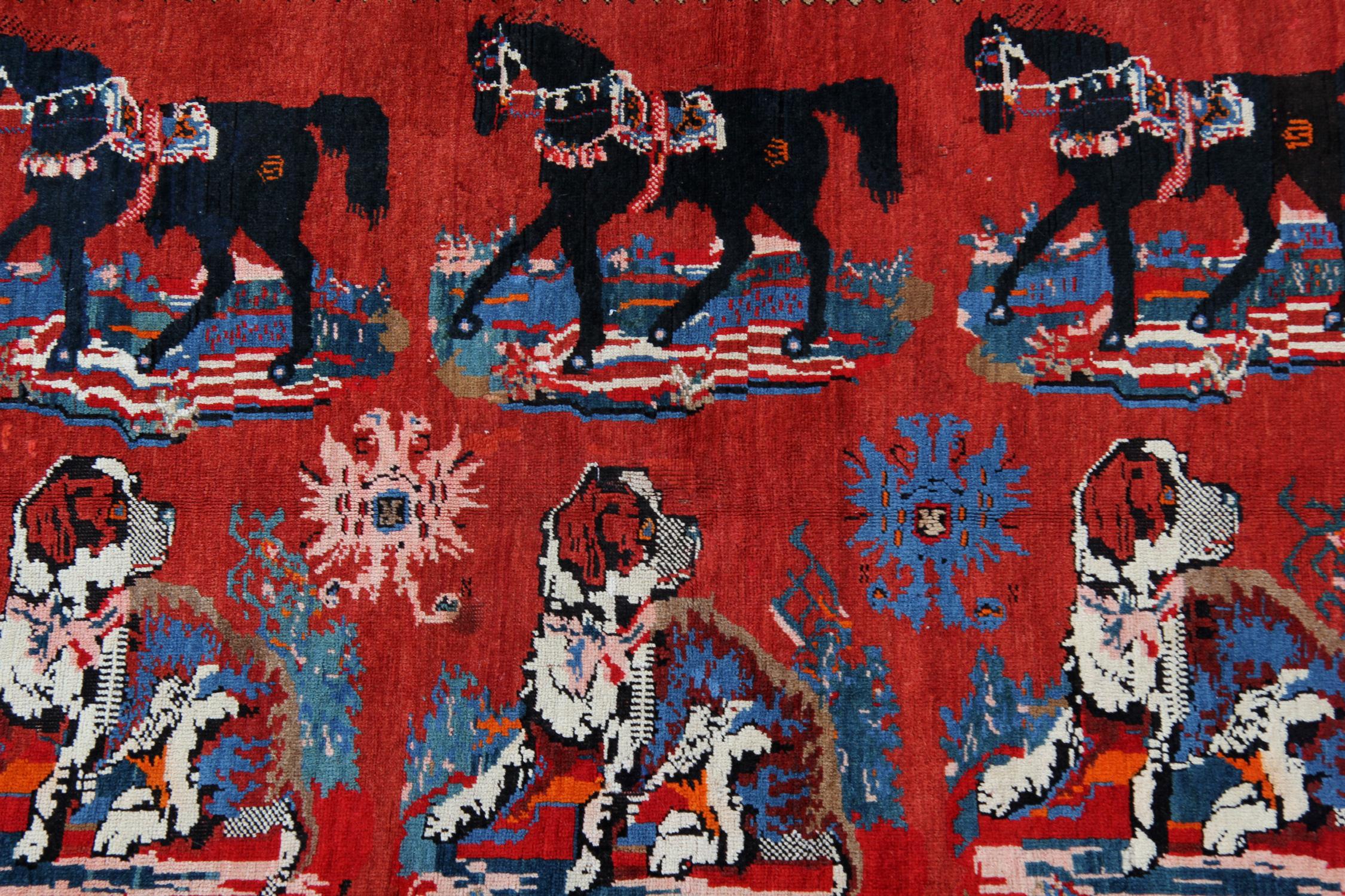 Kazak Antique Red Floor Rugs Caucasian Karabagh, Animal Pattern Handmade Carpet CHR37 For Sale