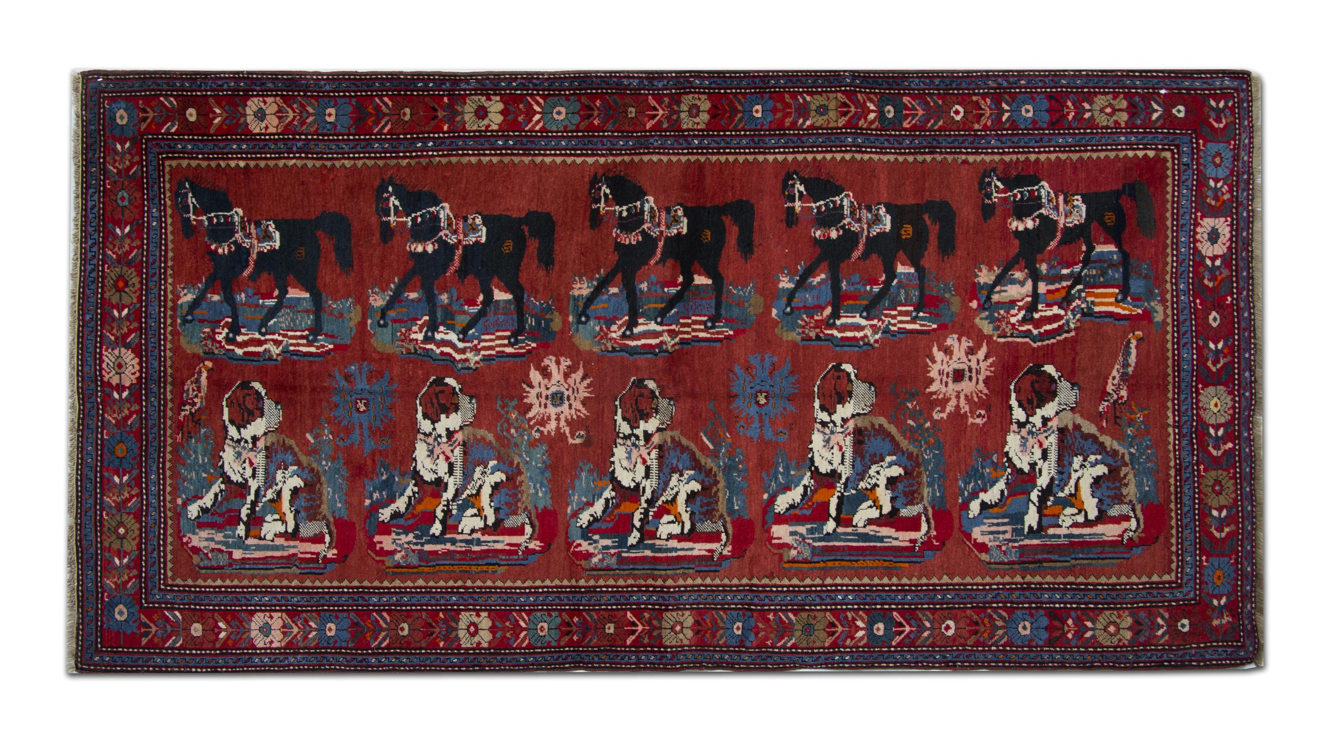 Hand-Knotted Antique Red Floor Rugs Caucasian Karabagh, Animal Pattern Handmade Carpet CHR37 For Sale