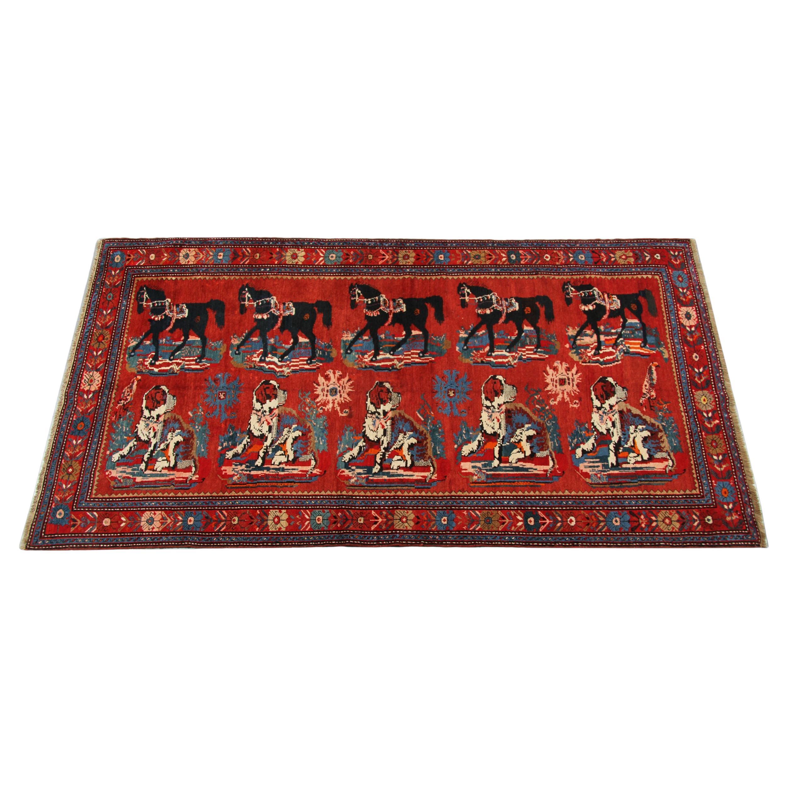 An excellent example of traditional Caucasian carpet rug weaving from the Karabagh region. These pictorial animal design patterned rugs can be the best element of home decor objects to give warmth to the environment, because this woven rug has a