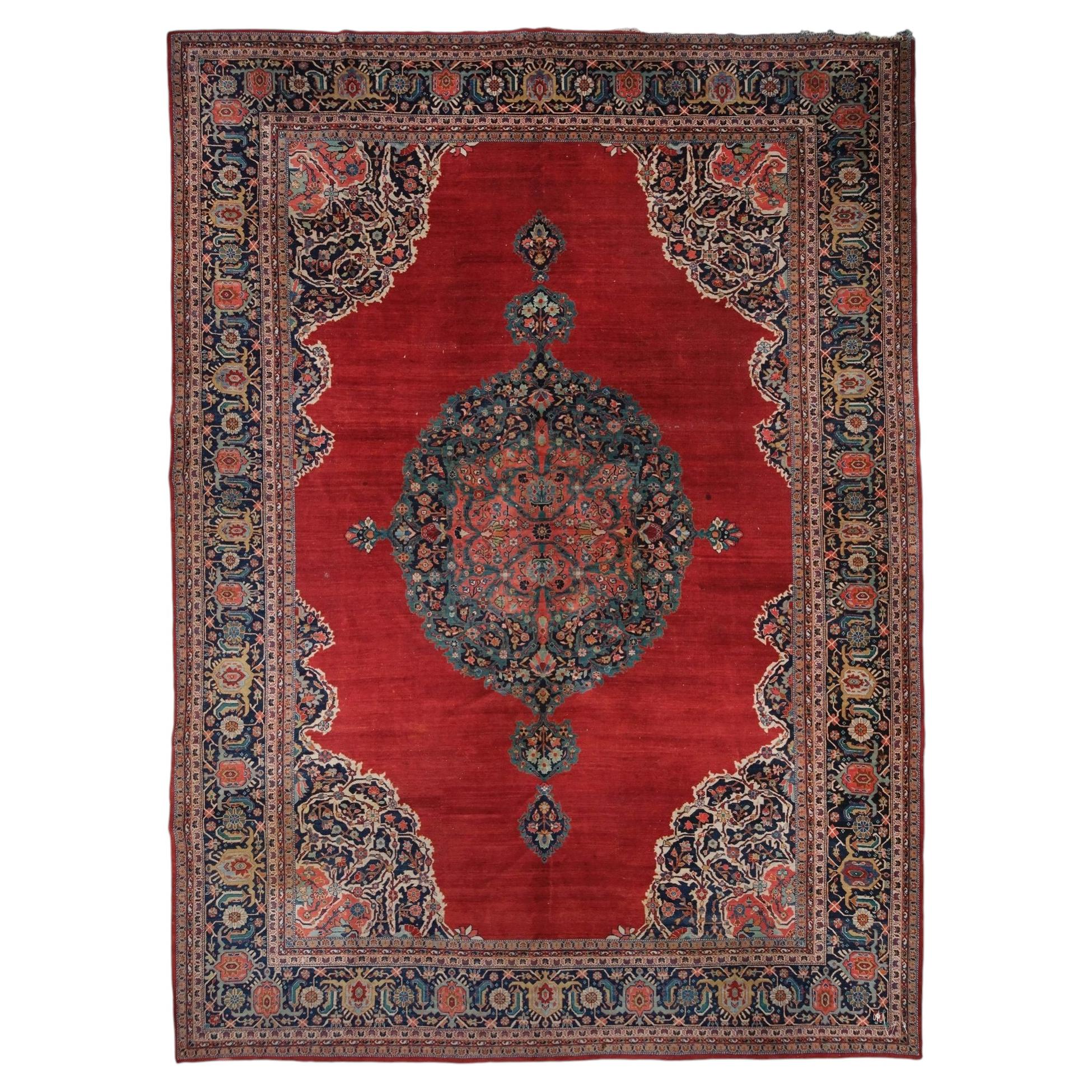 Antique Red Floral and Geometric Design Wool Carpet - Late 19th Century For Sale