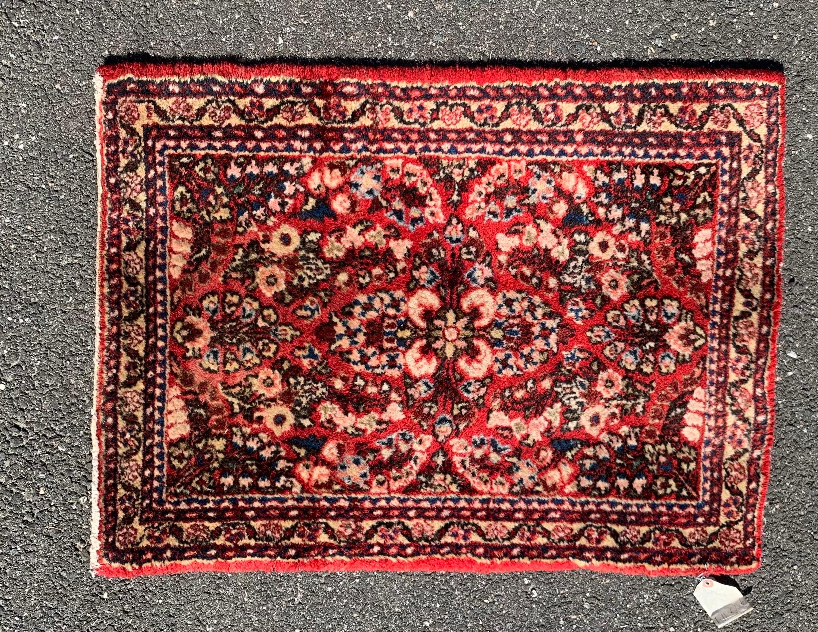 Hand-Knotted Antique Red Floral Sarouk Small Mini Persian Rug c. 1920s For Sale