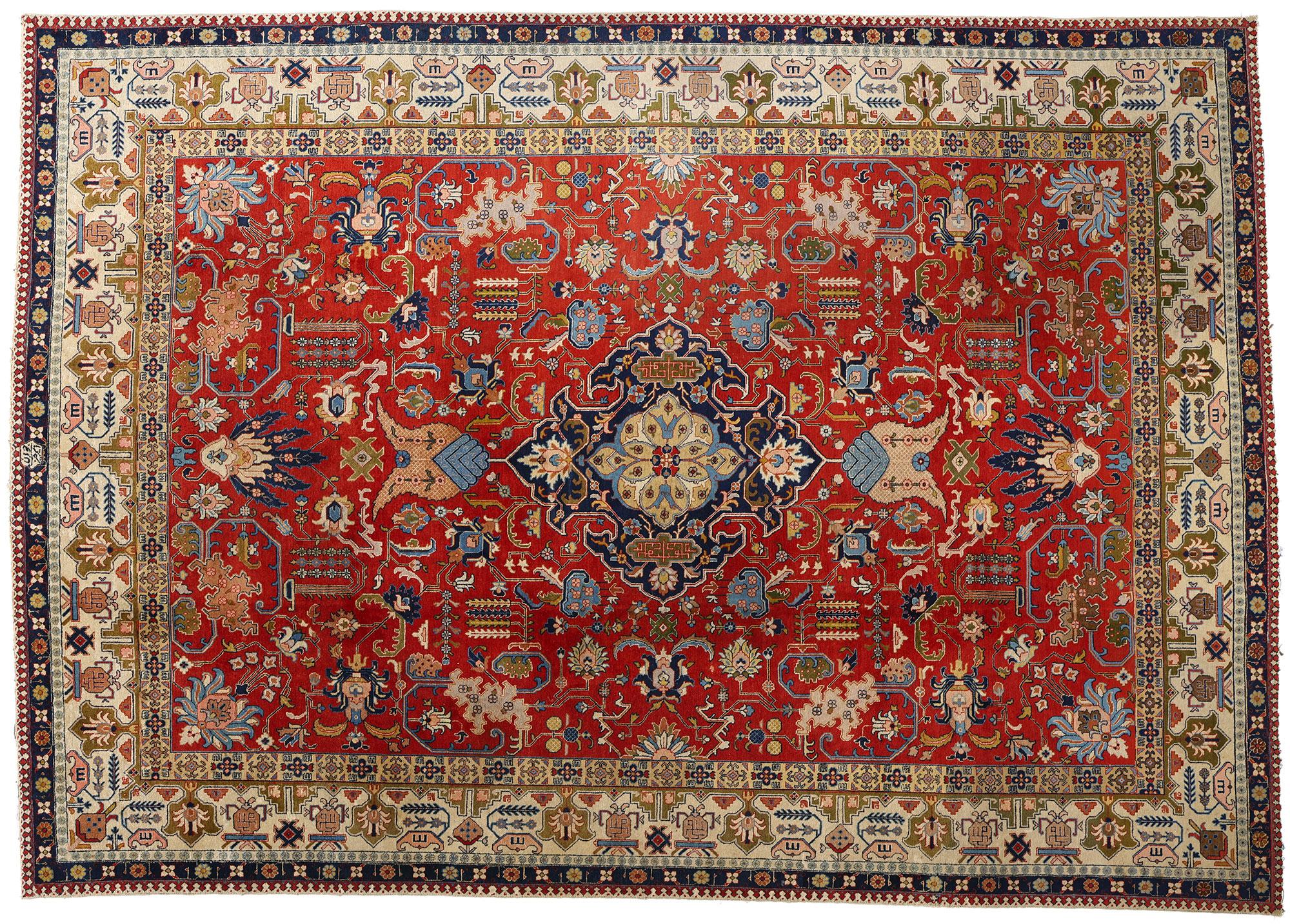 Antiker roter geometrischer botanischer persischer Täbris-Teppich in Rot im Angebot 2