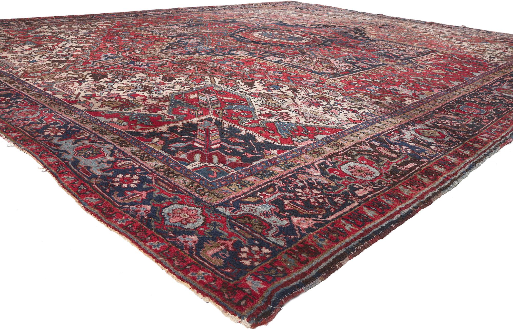78540 Antique Persian Heriz Rug, 11'09 x 14'07. 
Effortlessly chic and versatile with grandeur style and texture, this antique Persian Heriz rug charms with ease. The distinctive geometric design and refined color palette woven into this piece work