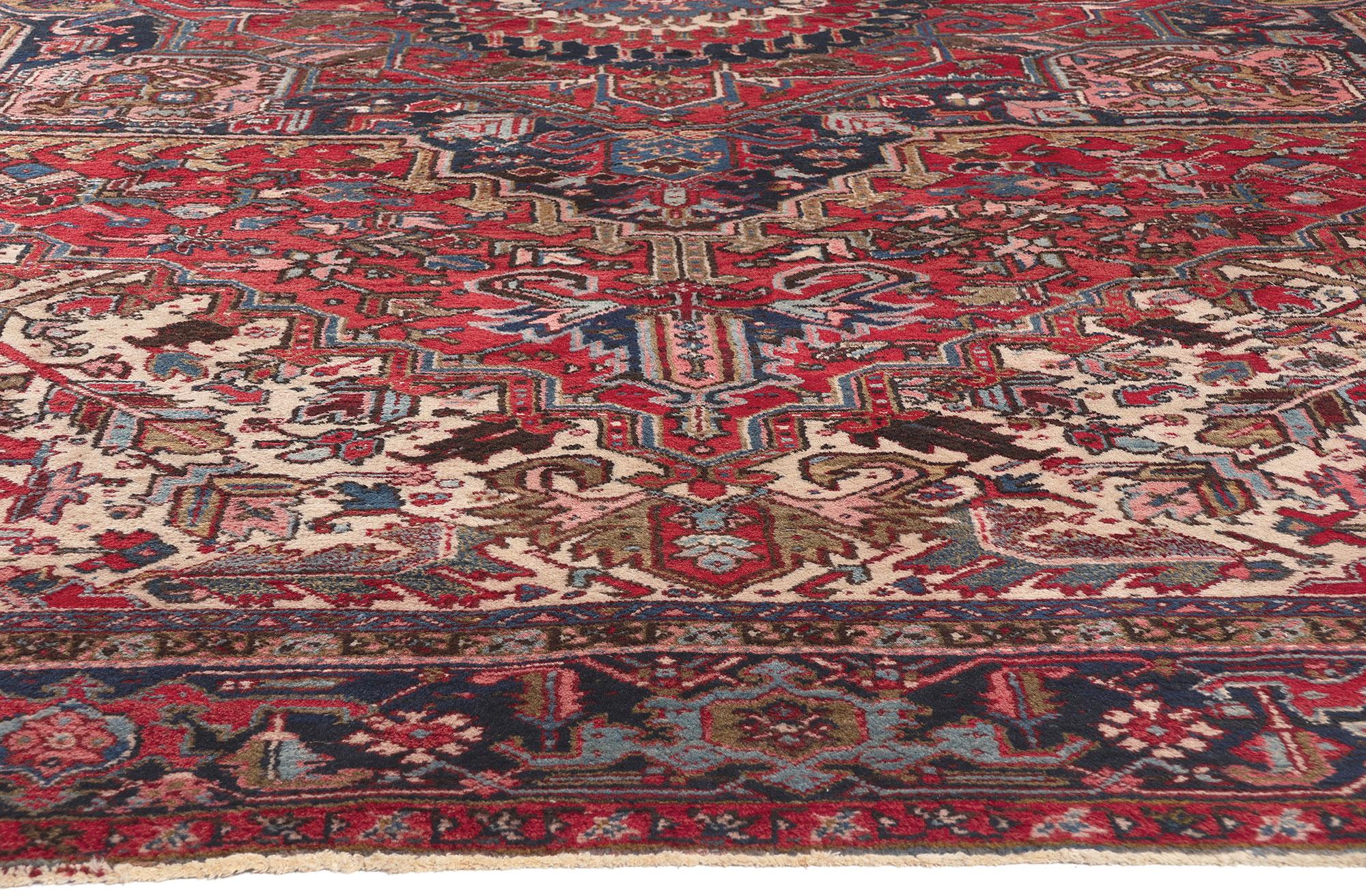 Hand-Knotted Antique Red Geometric Persian Heriz Rug, Effortlessly Chic and Versatile For Sale