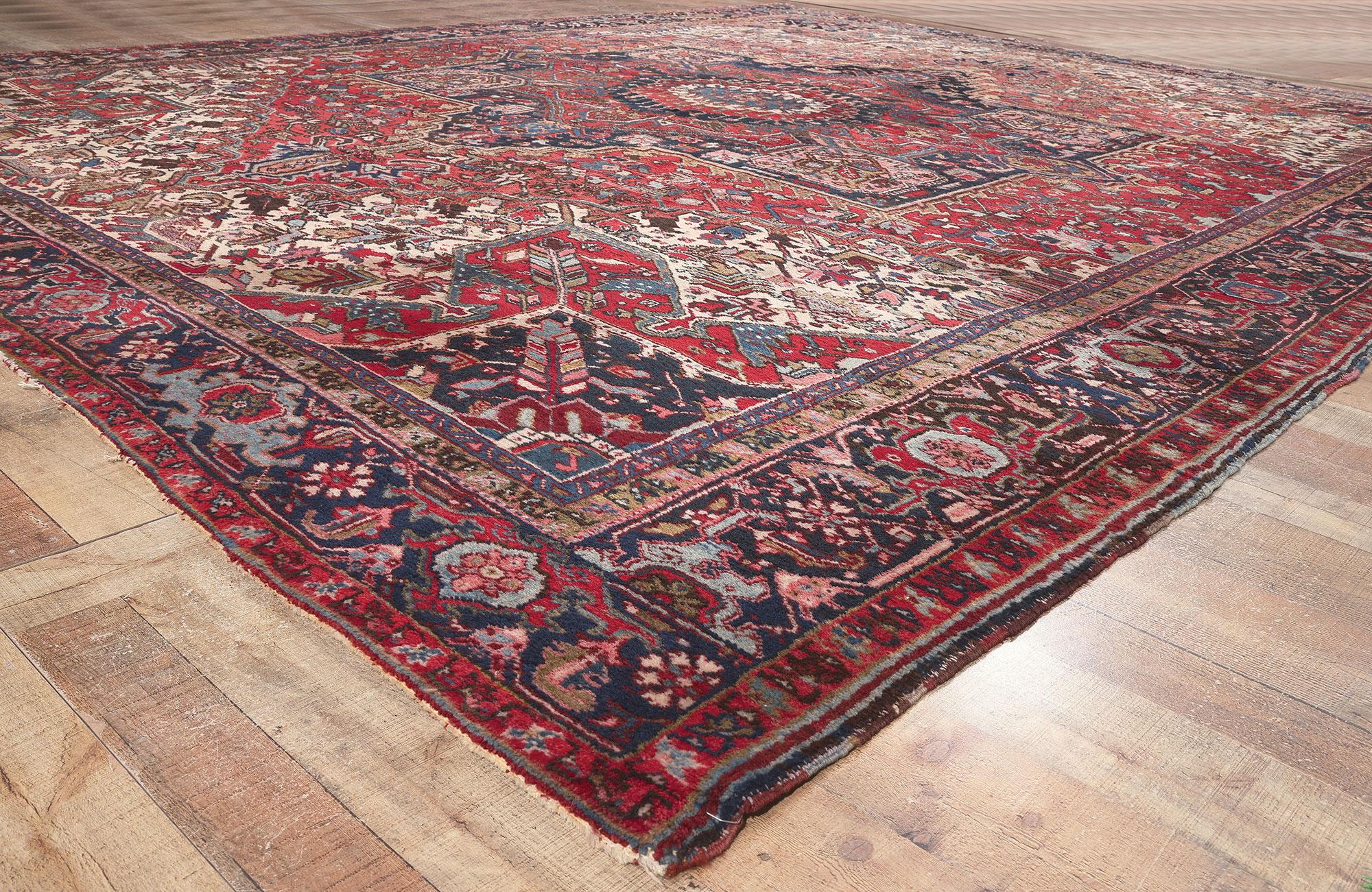 Wool Antique Red Geometric Persian Heriz Rug, Effortlessly Chic and Versatile For Sale