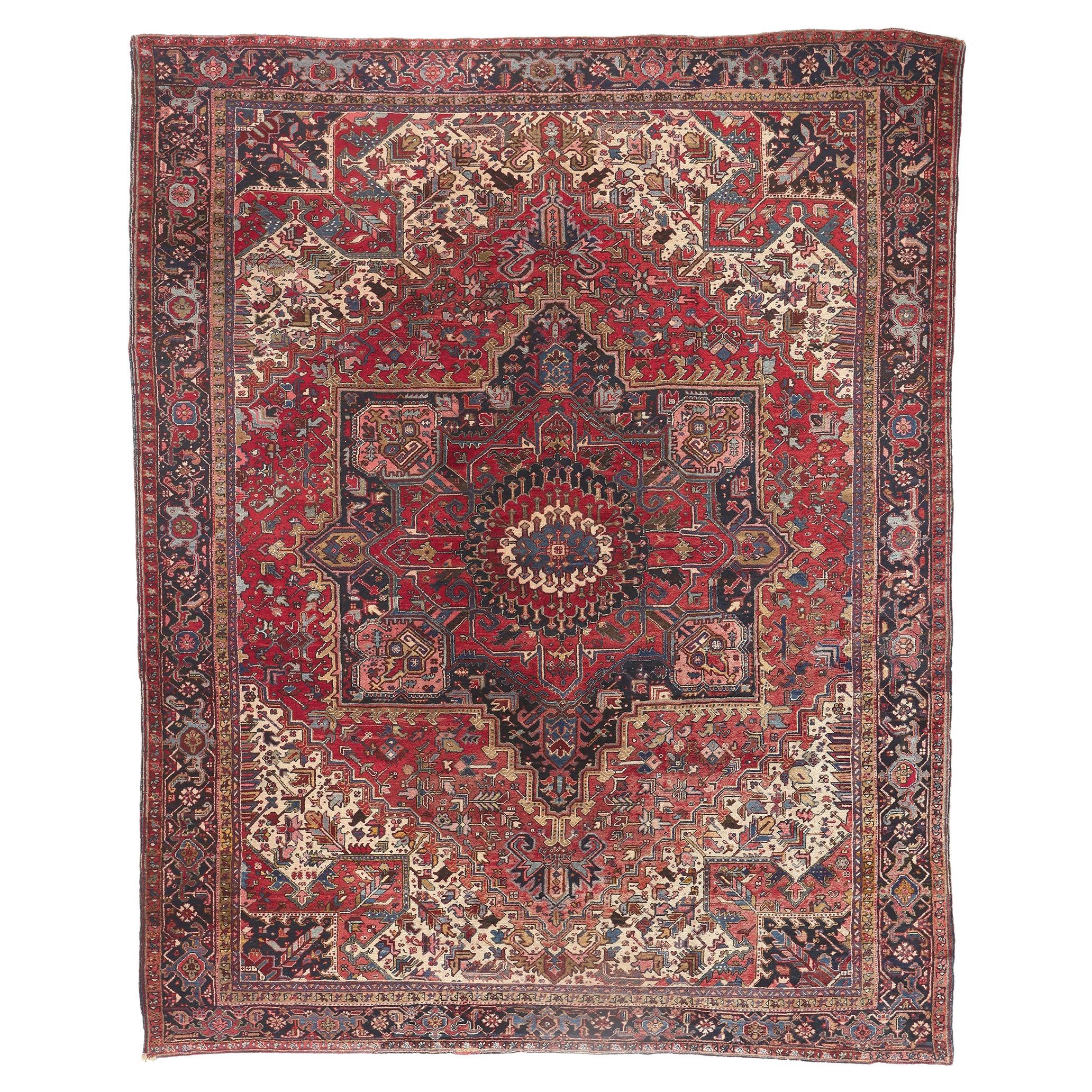 Antique Red Geometric Persian Heriz Rug, Effortlessly Chic and Versatile For Sale