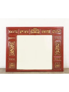 Antique Red & Gold Chinese Temple Carving Mirror, Early 20th Century