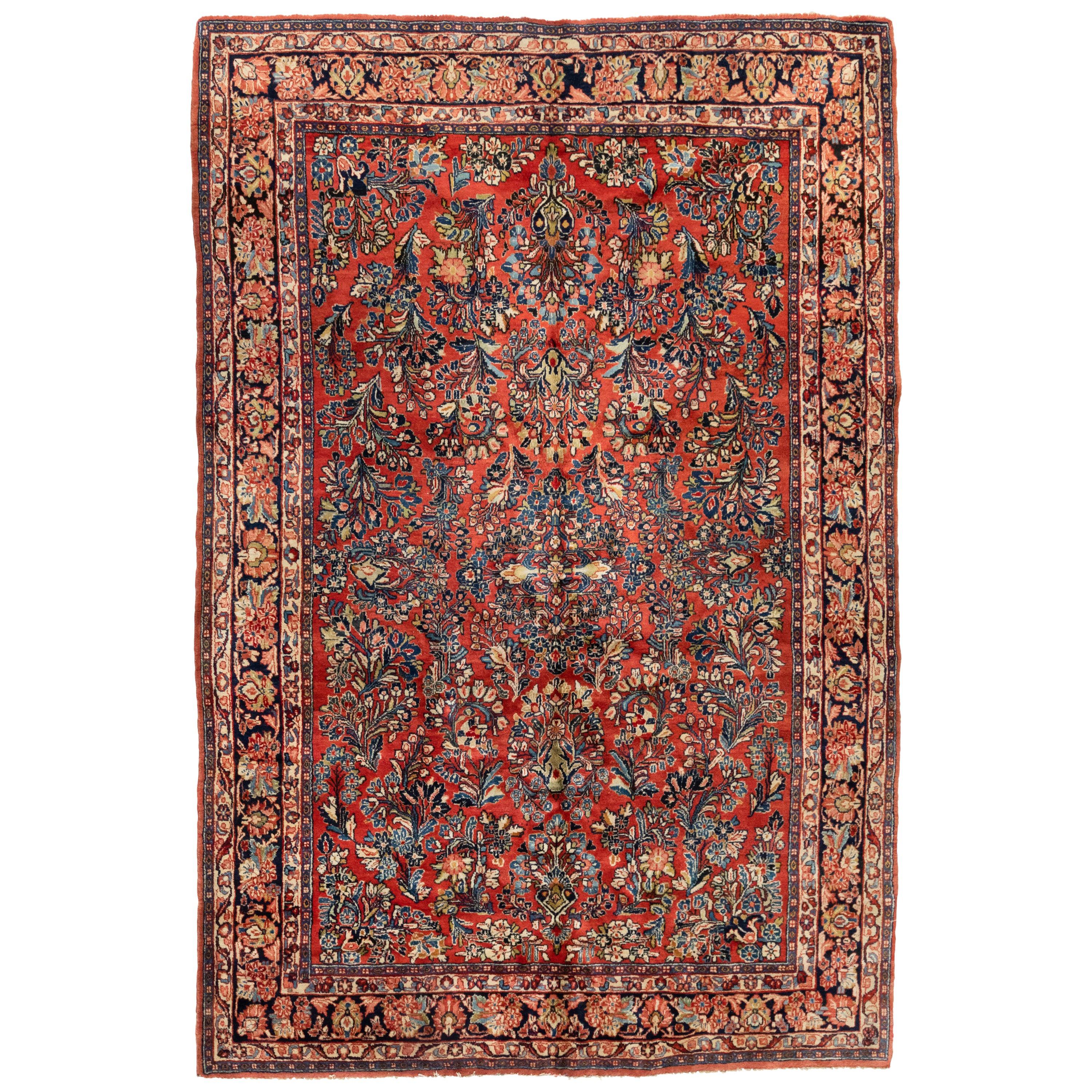 Antique Red Gold Floral Persian Sarouk Room Size Vintage Area Rug circa 1920s For Sale