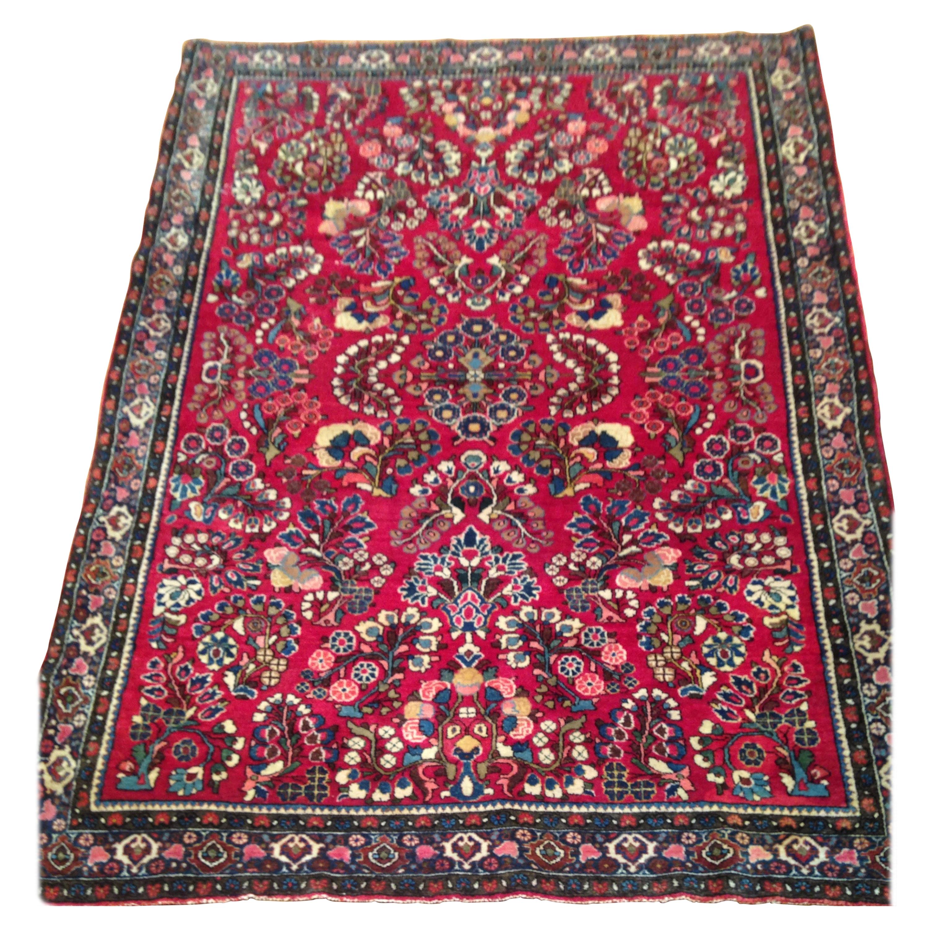 Antique Red Gold Floral Persian Sarouk Small Area Rug, circa 1920s For Sale