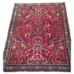 Antique Red Gold Floral Persian Sarouk Small Area Rug, circa 1920s