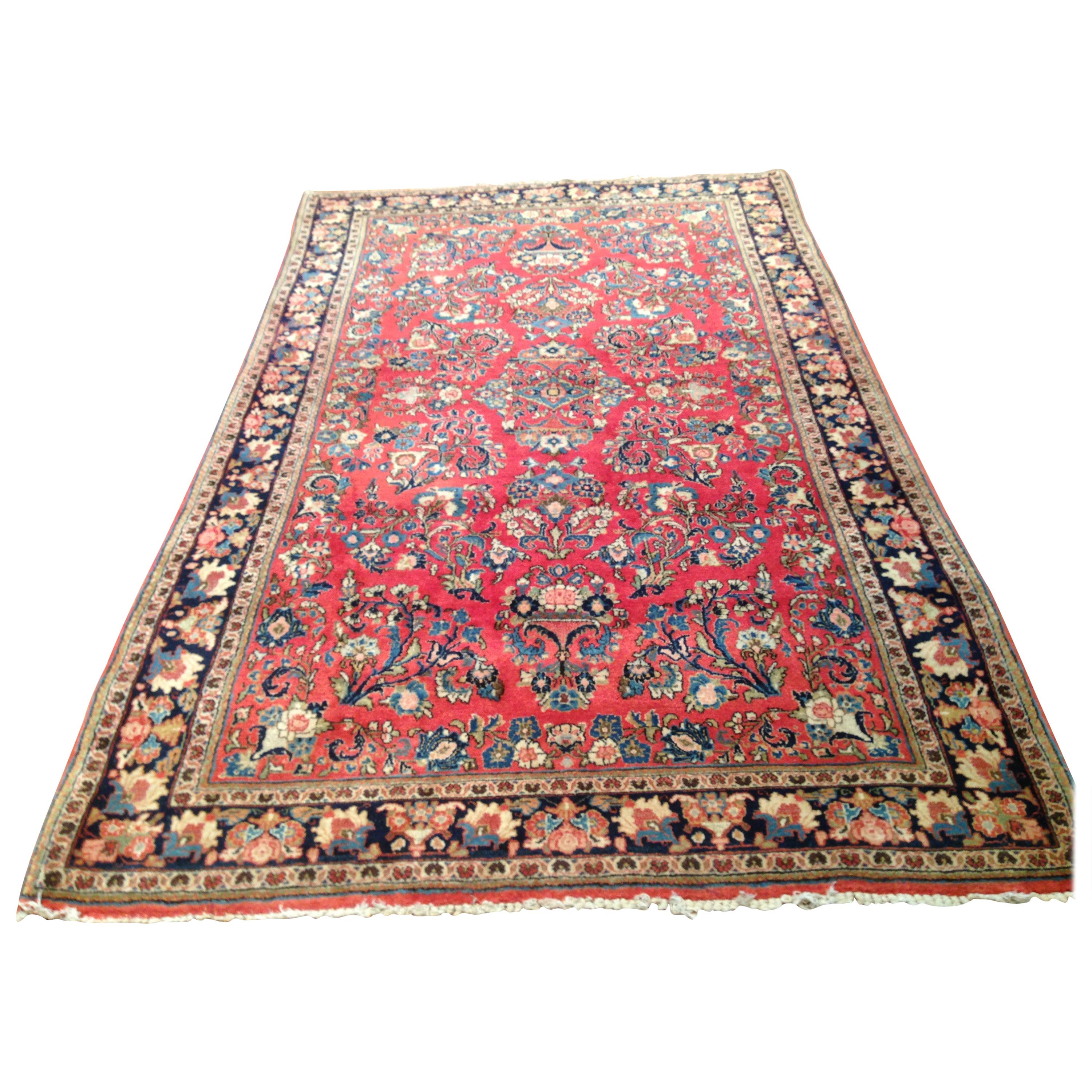 Antique Red Gold Floral Persian Sarouk Small Area Rug, circa 1930s